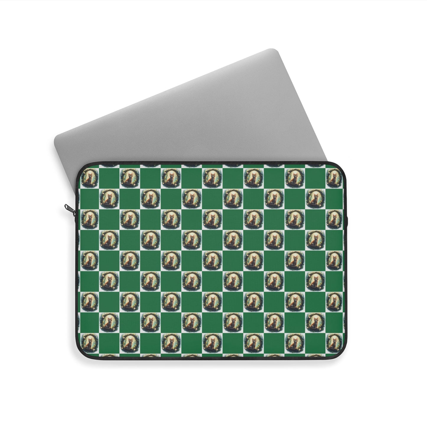 Chic Vintage Cat Laptop Sleeve, Green Checkered Tech Case, Stylish Computer Bag, Unique Gift for Students, Protect your Laptop - Celtic Scents