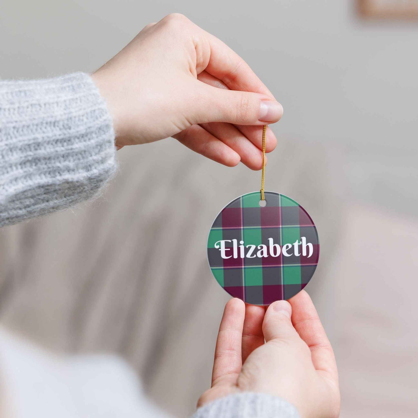 Personalized Plaid Ceramic Ornament, Custom Christmas Decoration, Holiday Gift, Keepsake, Name Ornament, Home Decor