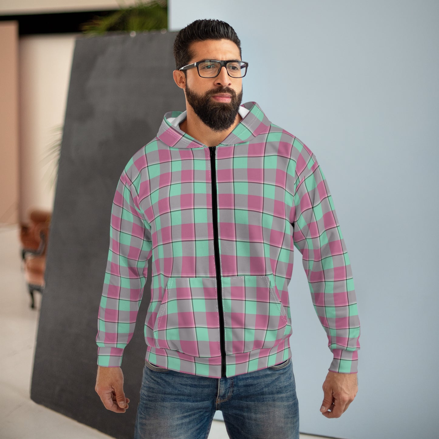 Charming Plaid Unisex Zip Hoodie, Cozy Casual Wear, Gift for Friends, Fall Fashion, Layered Style, Holiday Wardrobe - Celtic Scents