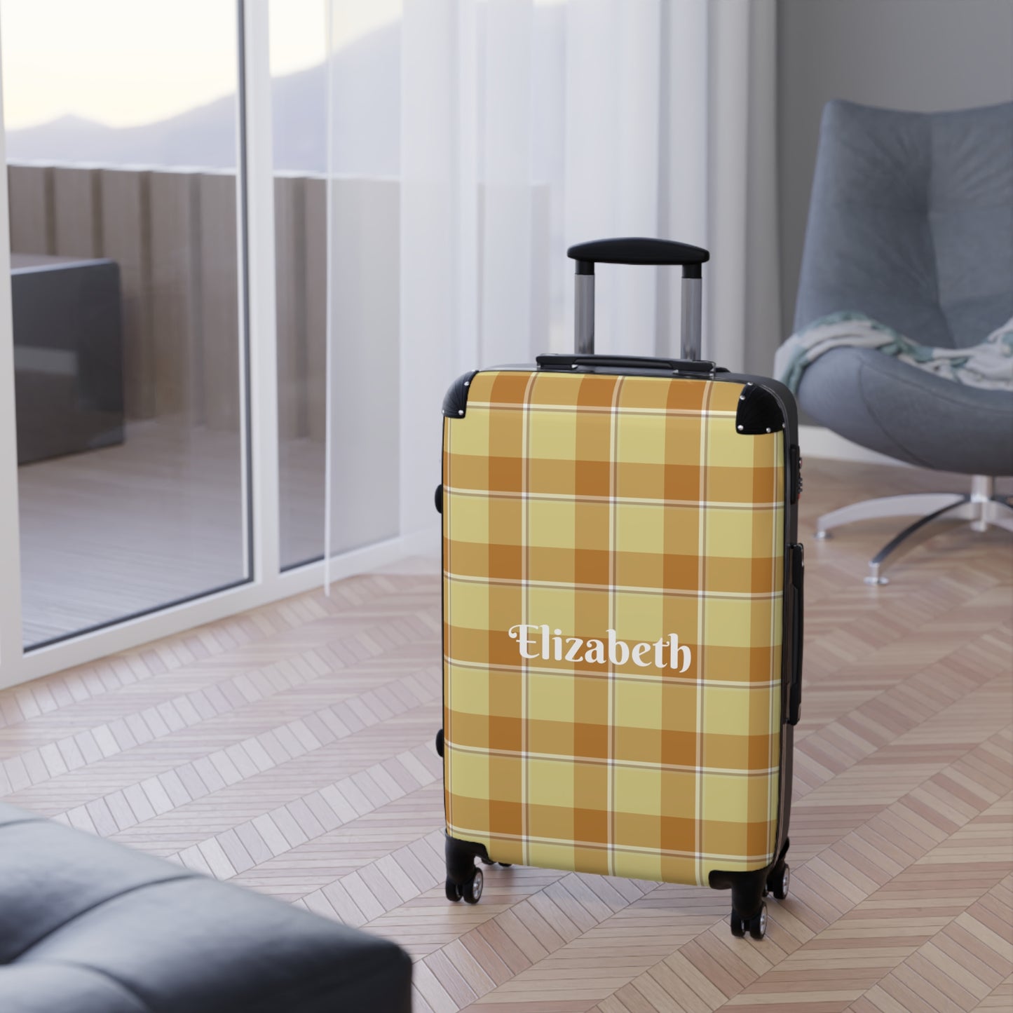 Personalized Suitcase, Travel Essentials, Custom Luggage, Beige Plaid Design, Gift for Travelers, Vacation Accessory - Celtic Scents