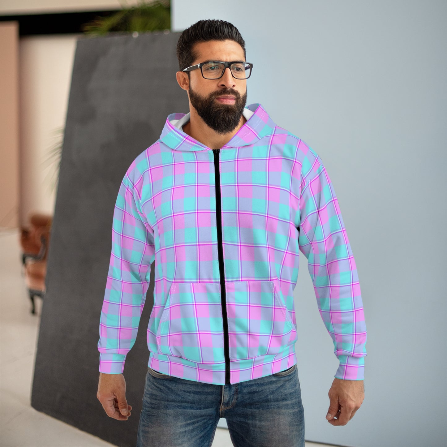 Pastel Plaid Unisex Zip Hoodie, Cozy Casual Spring Jacket, Perfect Gift for Birthdays, Festivals, Everyday Wear, Trendy Streetwear - Celtic Scents