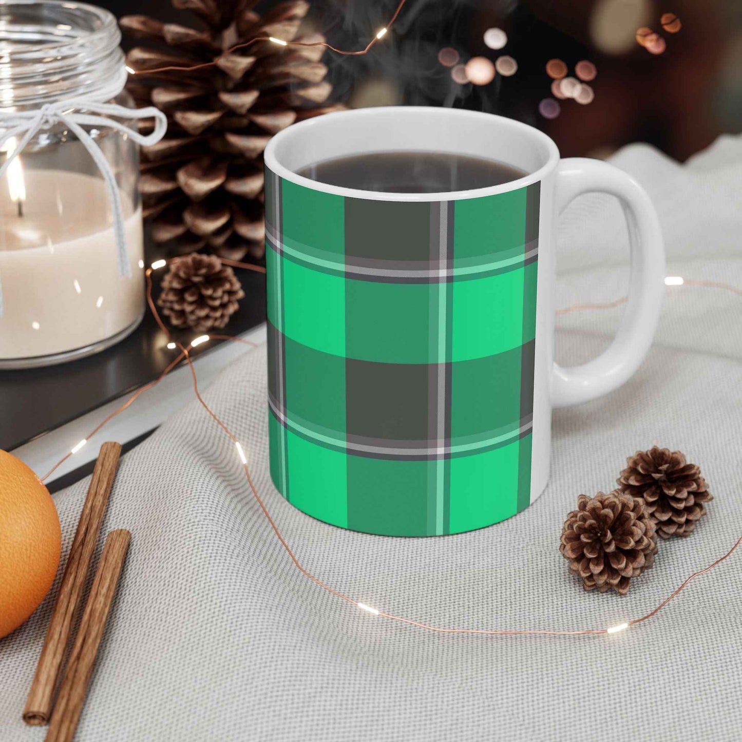 Personalized Plaid Ceramic Mug, Cozy Gift, Coffee Lover's Cup, Kitchen Decor, Holiday Drinkware