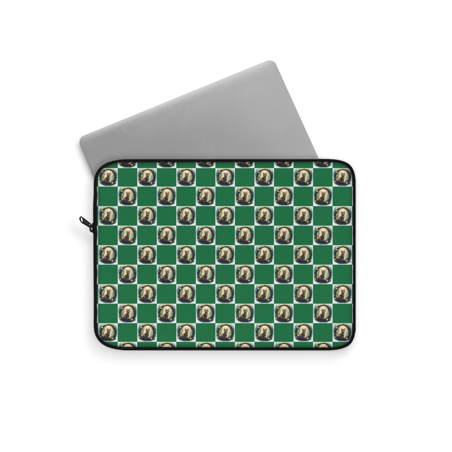 Chic Vintage Cat Laptop Sleeve, Green Checkered Tech Case, Stylish Computer Bag, Unique Gift for Students, Protect your Laptop - Celtic Scents