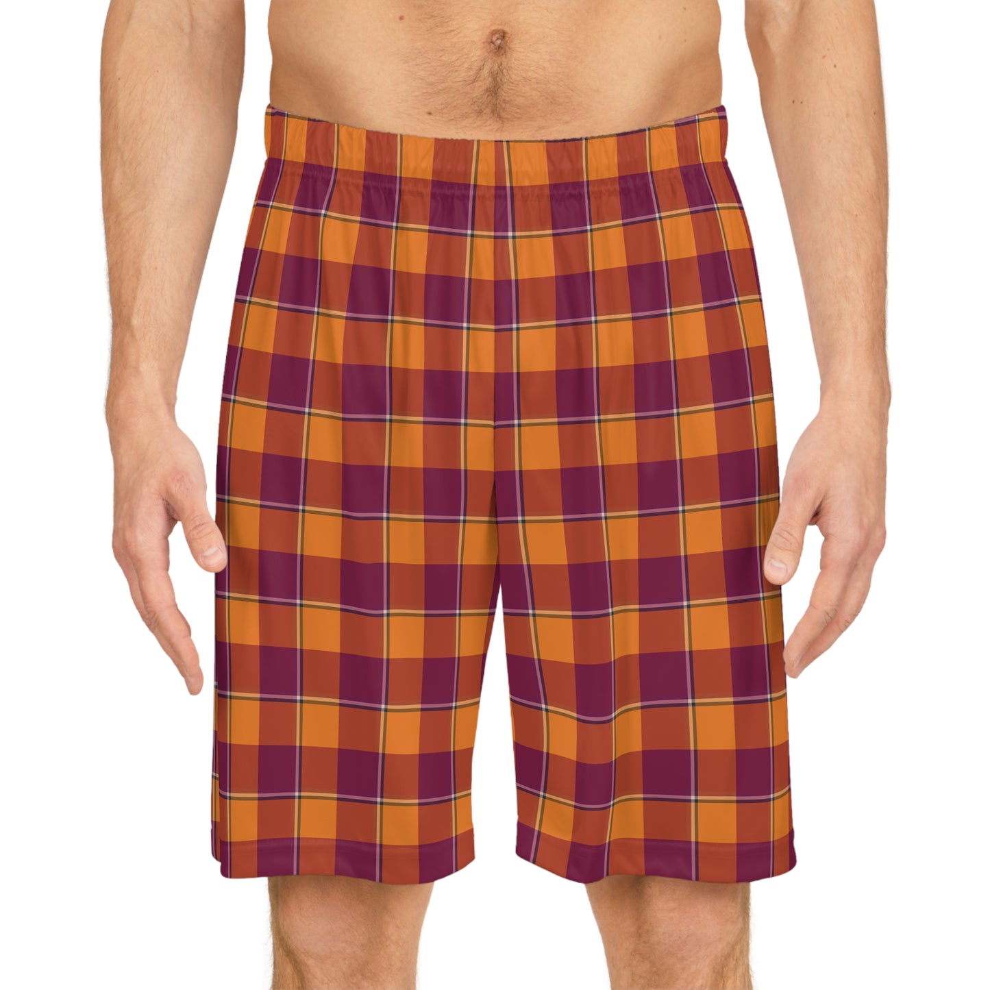 Tahiti Gold and Rose Bud Cherry Plaid Basketball Shorts, Casual Activewear, Athletes, Lightweight Gym Shorts