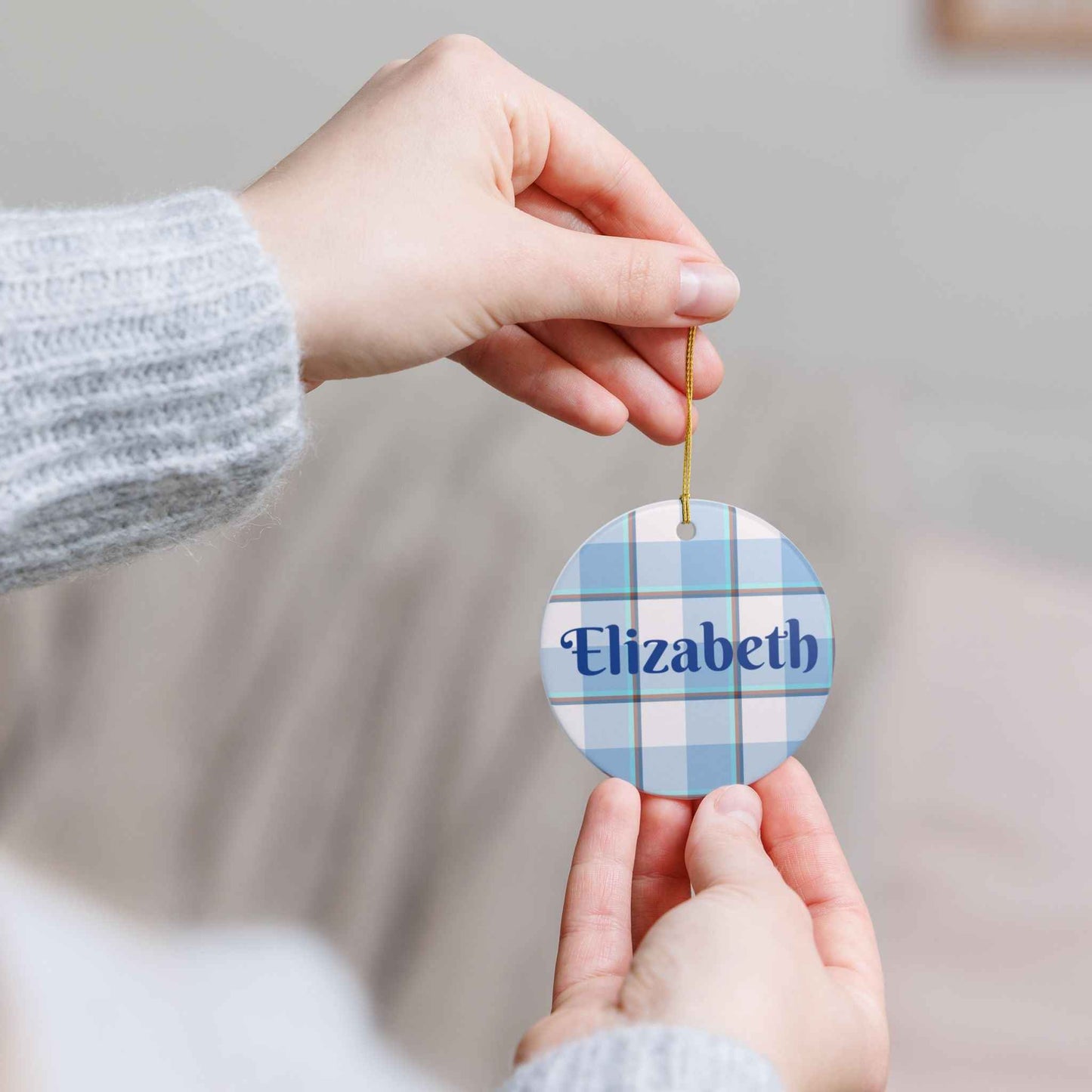 Personalized Ceramic Ornament, Custom Name Decoration, Holiday Gift, Home Decor, Plaid Design Ornament