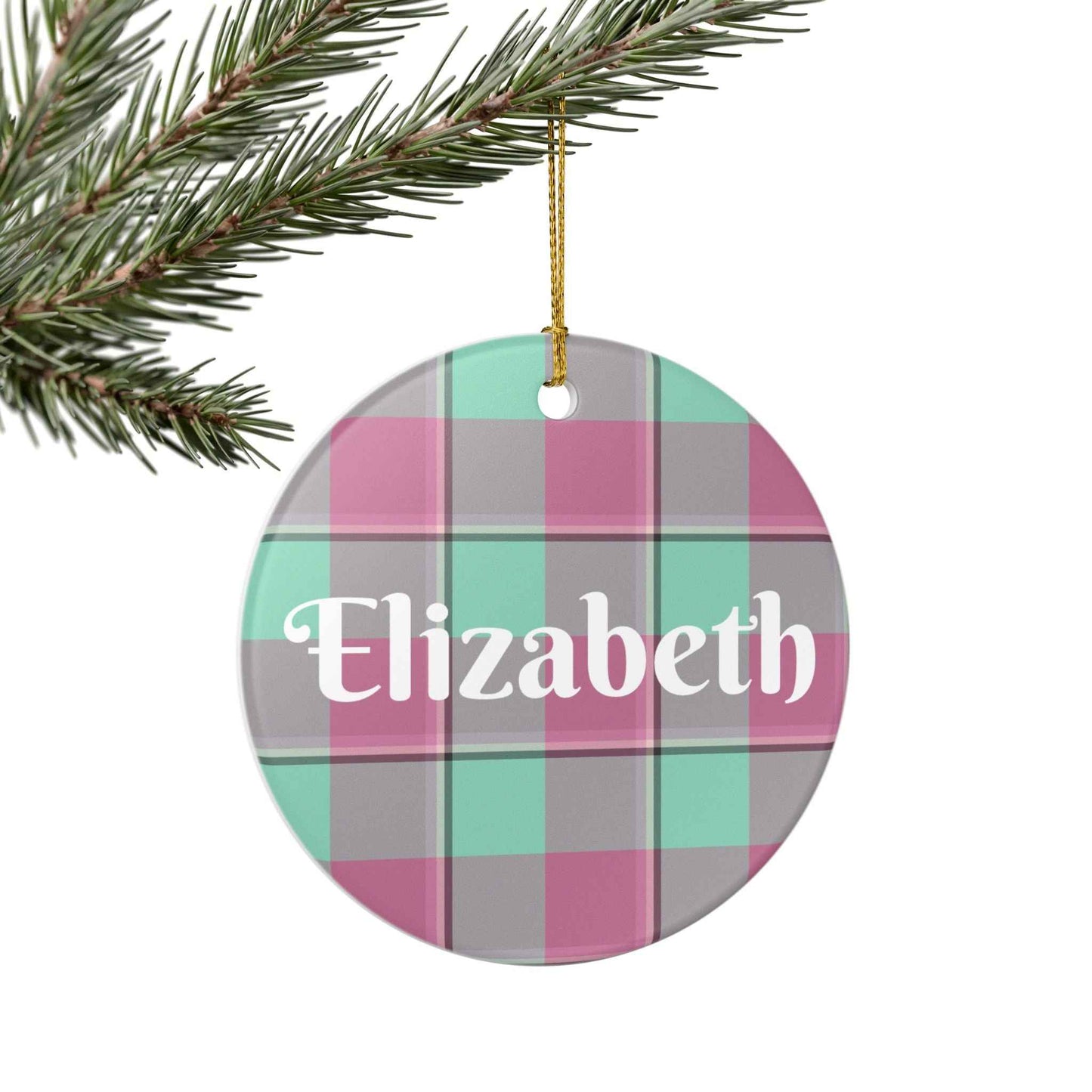 Personalized Ceramic Ornament, Custom Name Decoration, Holiday Gift, Home Decor, Plaid Design, Festive Keepsake