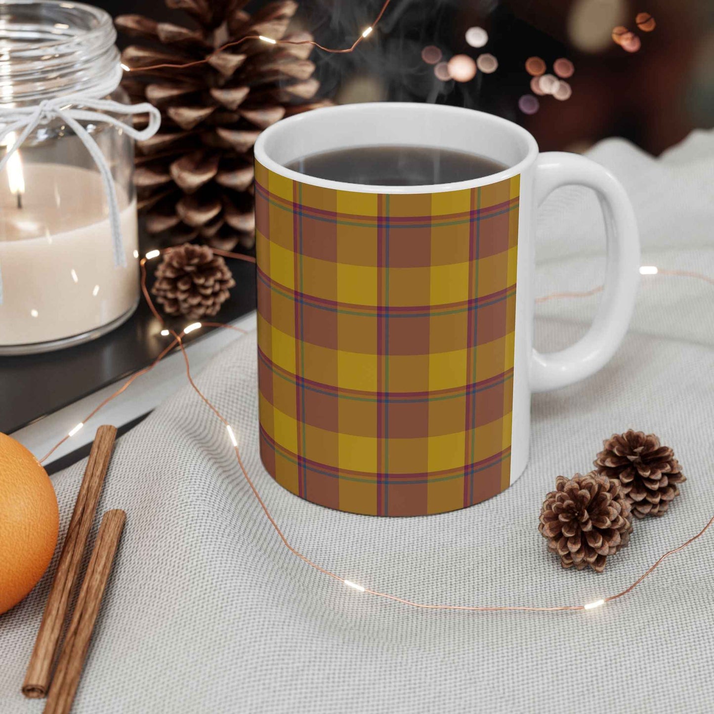 Autumn Plaid Ceramic Mug, 11 oz and 15 oz Sizes, Perfect for Coffee Lovers, Gift Ideas, Holidays, Birthdays
