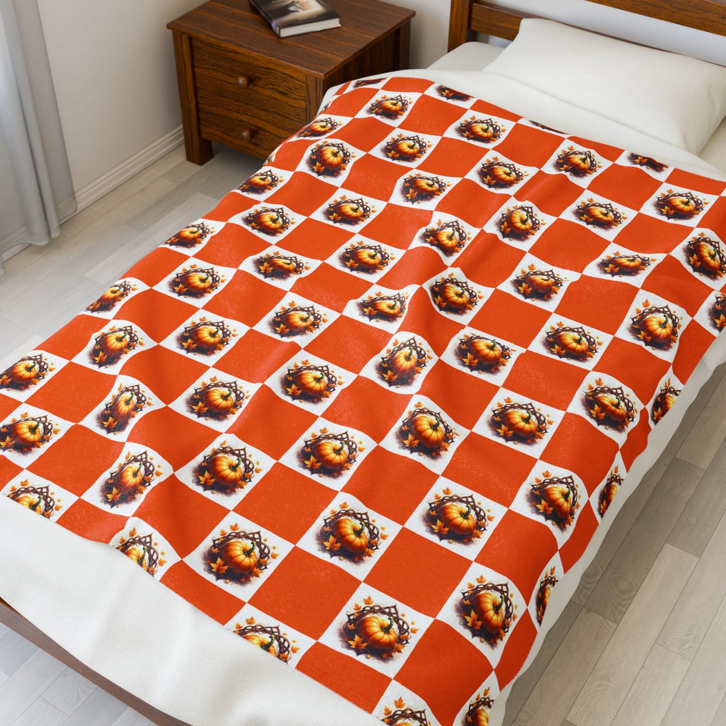 Vibrant Pumpkin Checkered Pattern Velveteen Plush Blanket, Cozy Home Decor, Gift for Her, Nursery Throw, Autumn Style - Celtic Scents