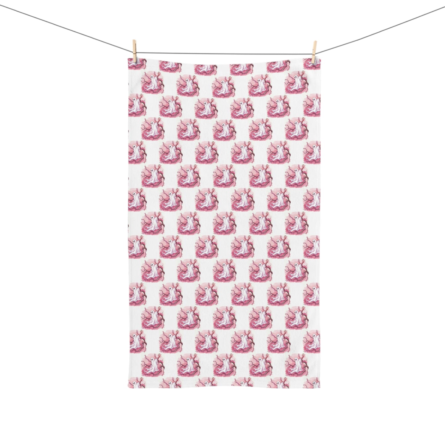 Whimsical Pink Ghost Hand Towel – Cute Bathroom Decor, Gift for Boo Lovers, Soft Cotton Towel, Kids Room Accessory, Home Spa Treat