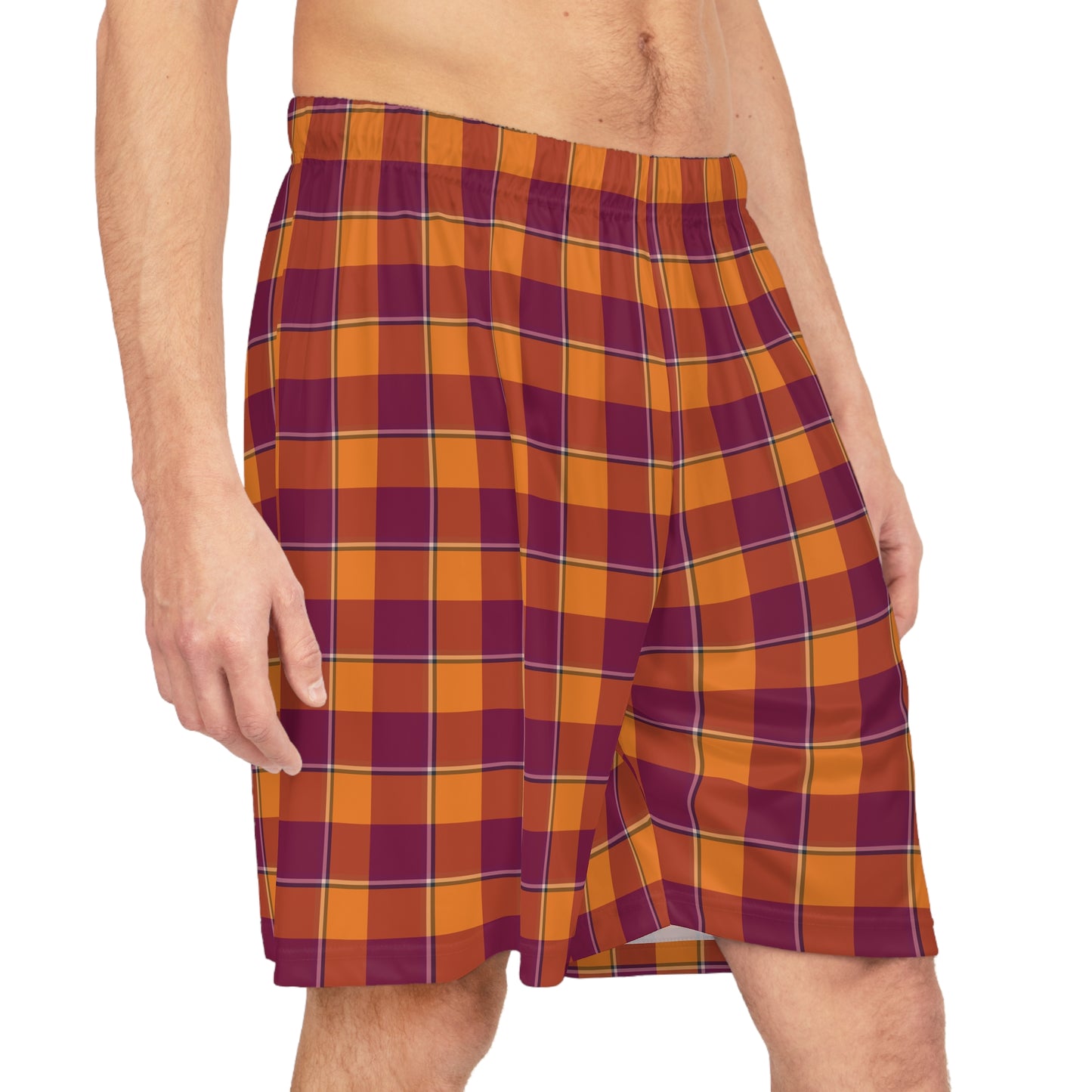 Tahiti Gold and Rose Bud Cherry Plaid Basketball Shorts, Casual Activewear, Athletes, Lightweight Gym Shorts