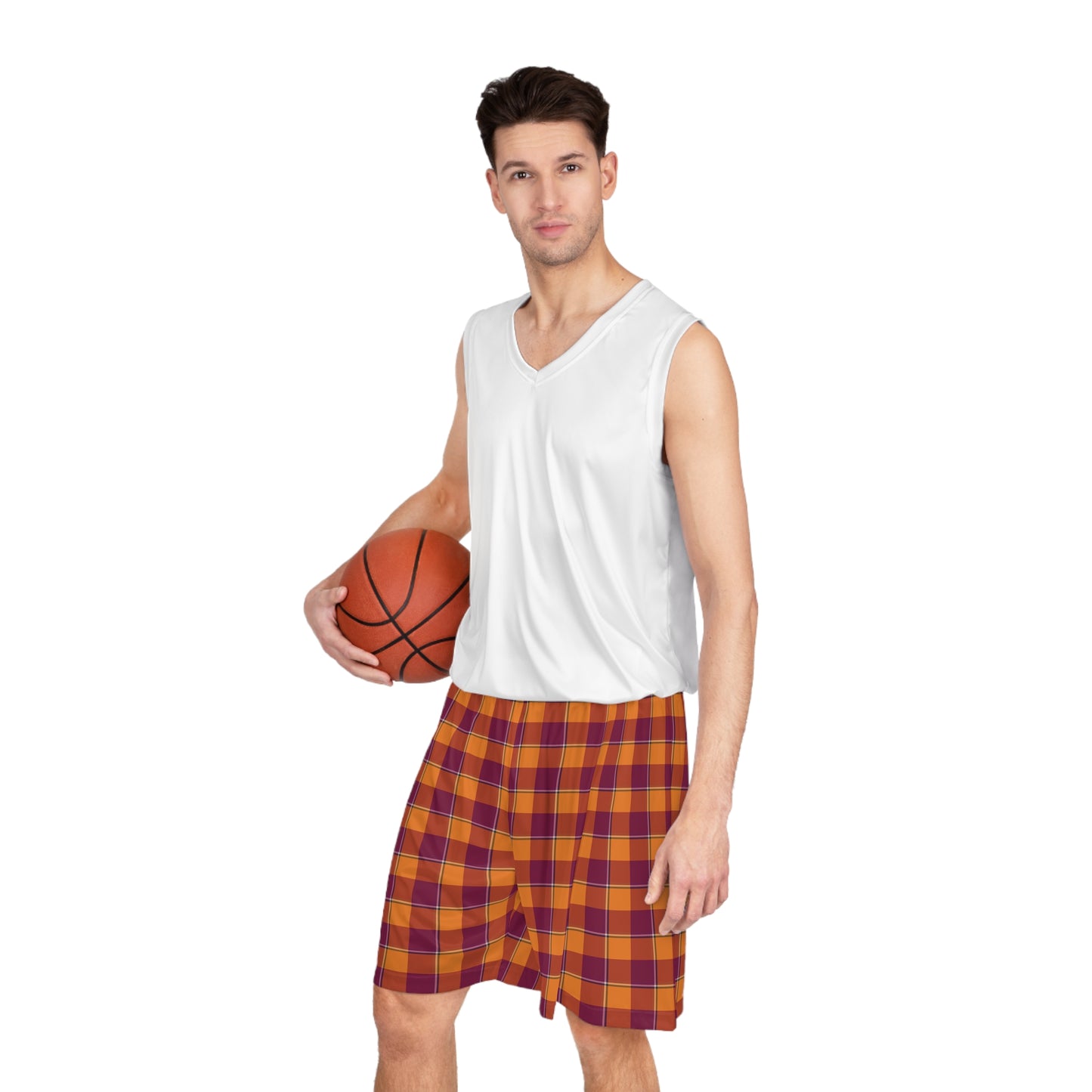 Tahiti Gold and Rose Bud Cherry Plaid Basketball Shorts, Casual Activewear, Athletes, Lightweight Gym Shorts