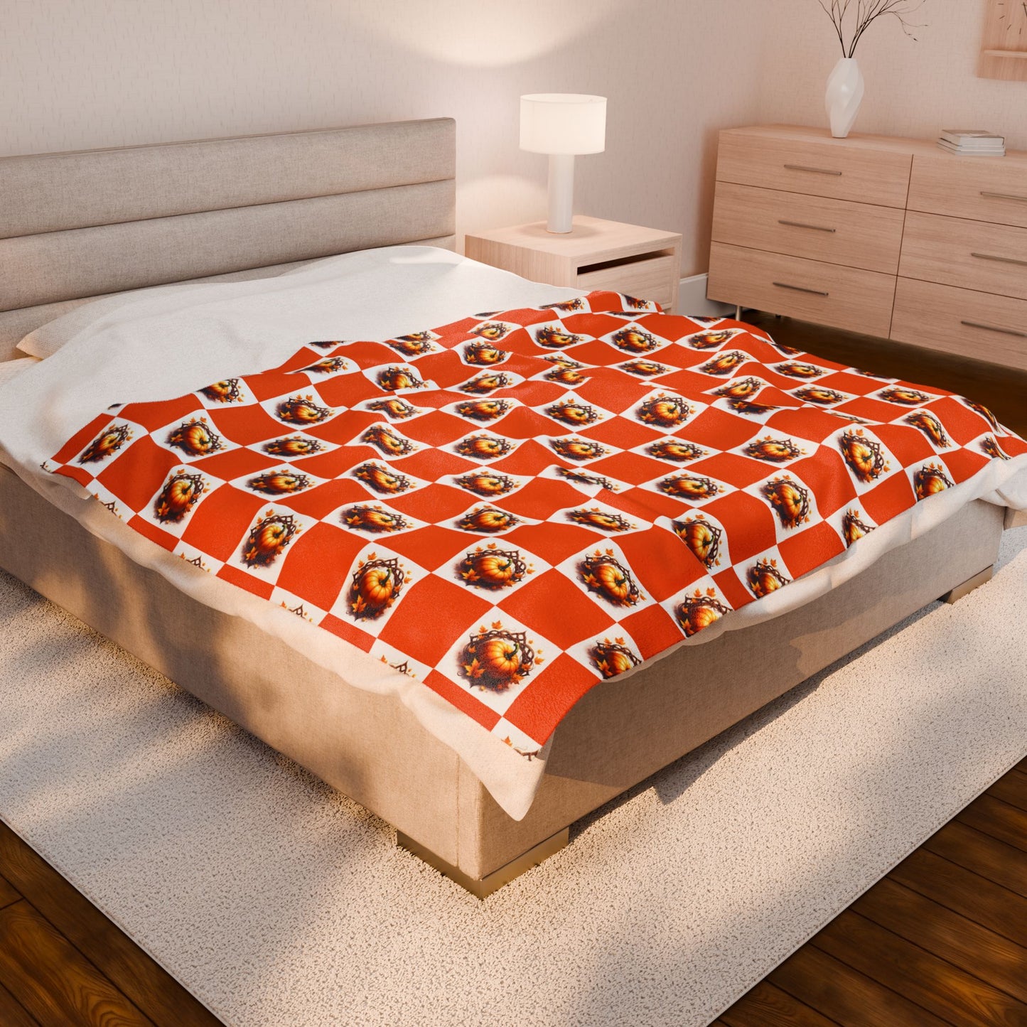 Vibrant Pumpkin Checkered Pattern Velveteen Plush Blanket, Cozy Home Decor, Gift for Her, Nursery Throw, Autumn Style - Celtic Scents