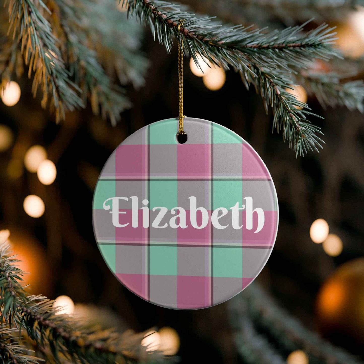 Personalized Ceramic Ornament, Custom Name Decoration, Holiday Gift, Home Decor, Plaid Design, Festive Keepsake