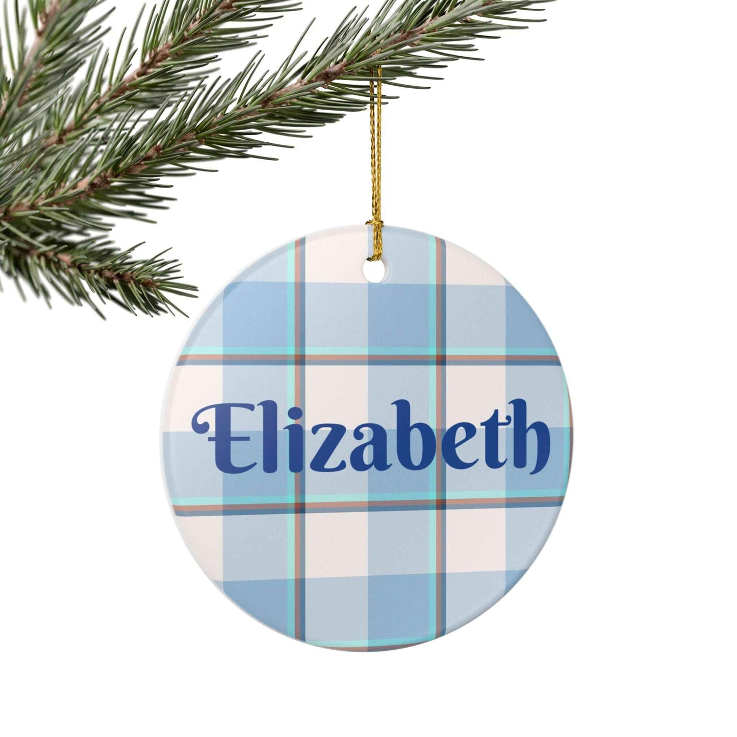Personalized Ceramic Ornament, Custom Name Decoration, Holiday Gift, Home Decor, Plaid Design Ornament