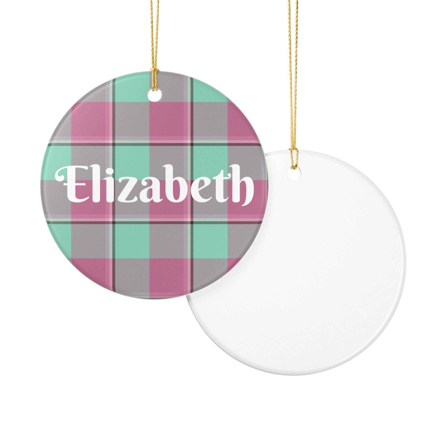 Personalized Ceramic Ornament, Custom Name Decoration, Holiday Gift, Home Decor, Plaid Design, Festive Keepsake