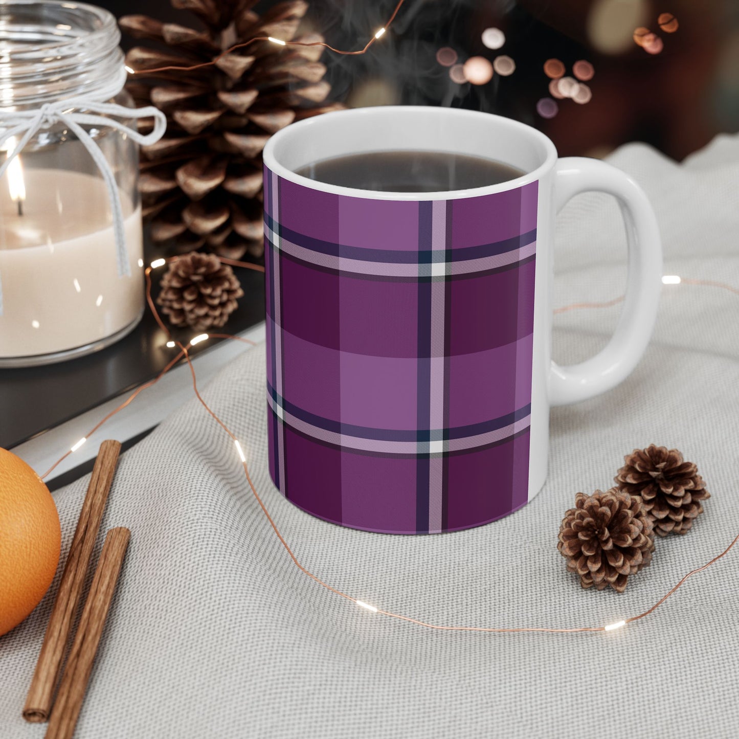 Cozy Plum Plaid Ceramic Mug - Perfect for Home, Gift for Coffee Lovers, Seasonal Decor, Tea Drinkers, Cozy Evenings - Celtic Scents