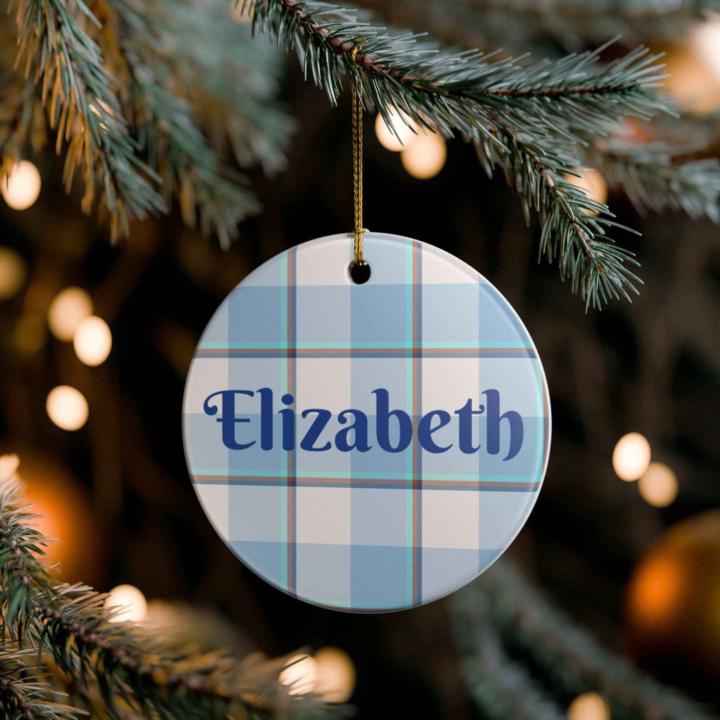 Personalized Ceramic Ornament, Custom Name Decoration, Holiday Gift, Home Decor, Plaid Design Ornament