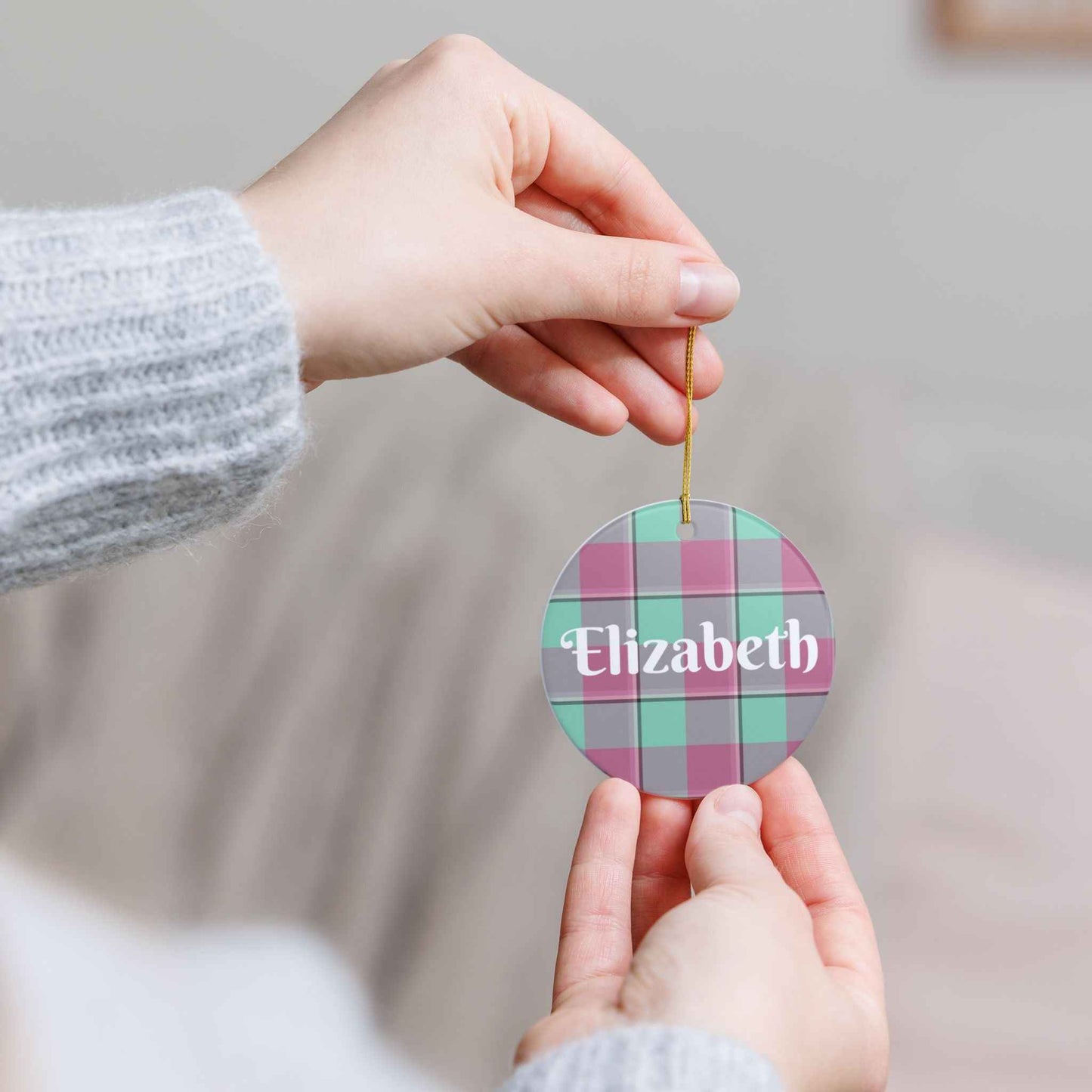 Personalized Ceramic Ornament, Custom Name Decoration, Holiday Gift, Home Decor, Plaid Design, Festive Keepsake
