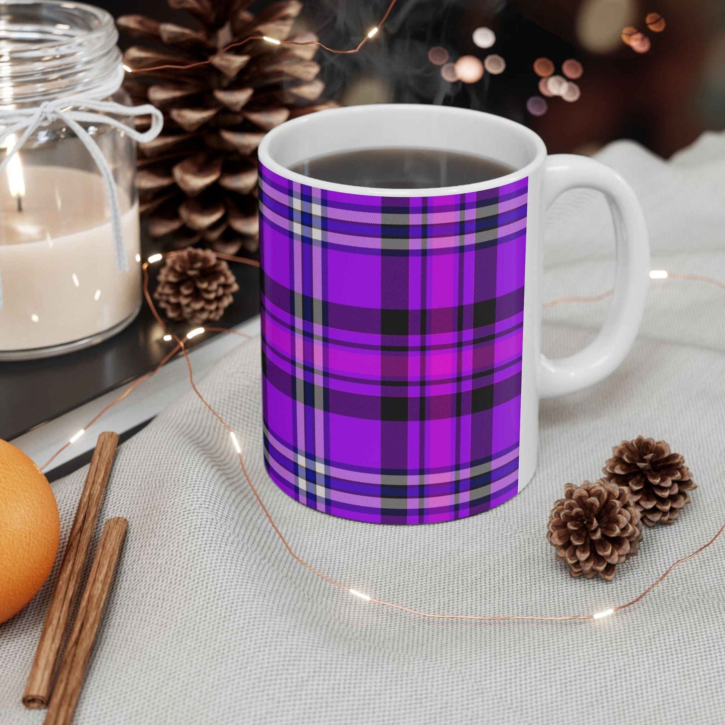 Personalized Vibrant Plaid Ceramic Mug, Cozy Drinkware for Coffee Lovers, Perfect Gift