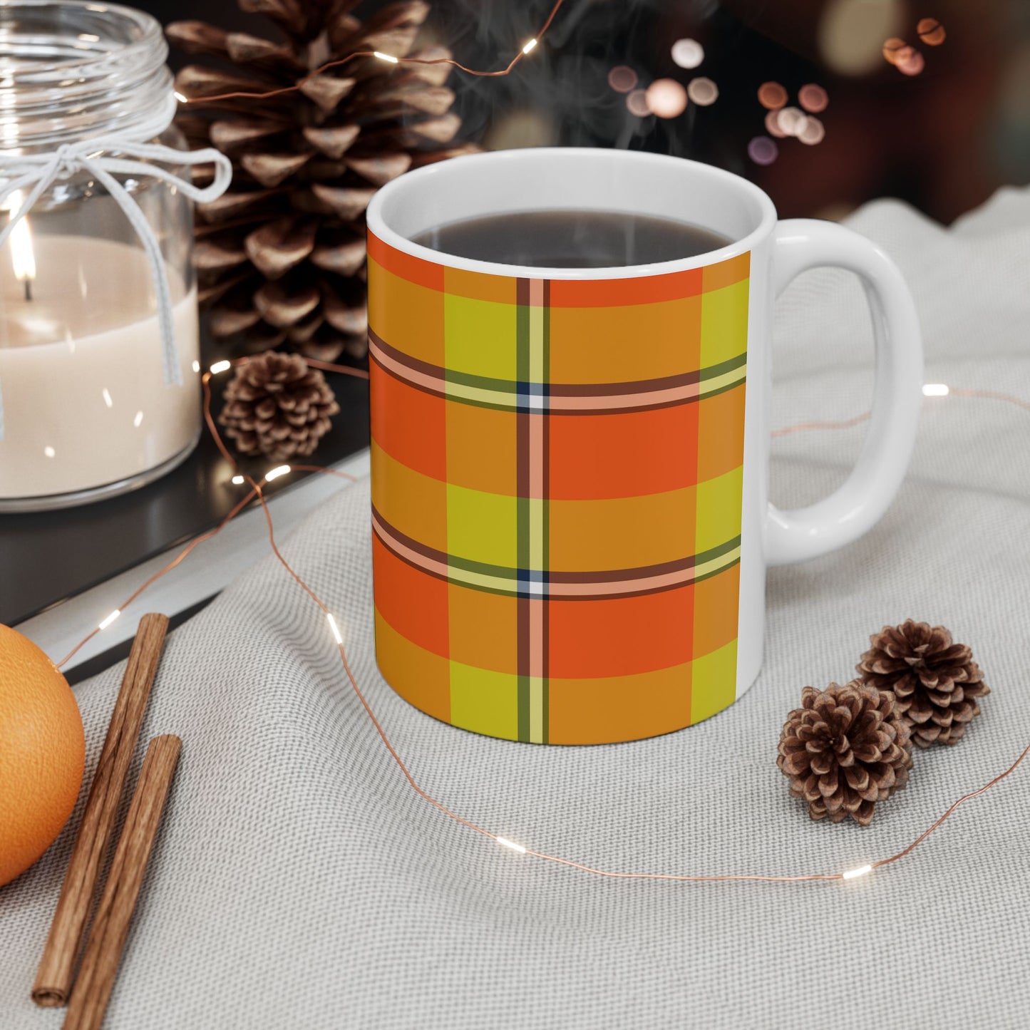 Vibrant Autumn Plaid Ceramic Mug | Cozy Coffee Cup, Autumn Decor, Gift for Her, Kitchen Essentials, Colorful Mug - Celtic Scents