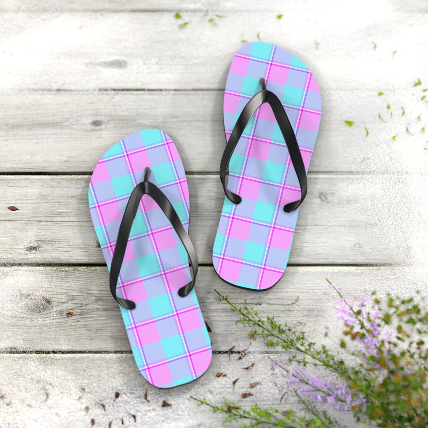 Colorful Plaid Flip Flops, Fun Summer Footwear, Beach Sandals, Casual Flip Flops - Celtic Scents