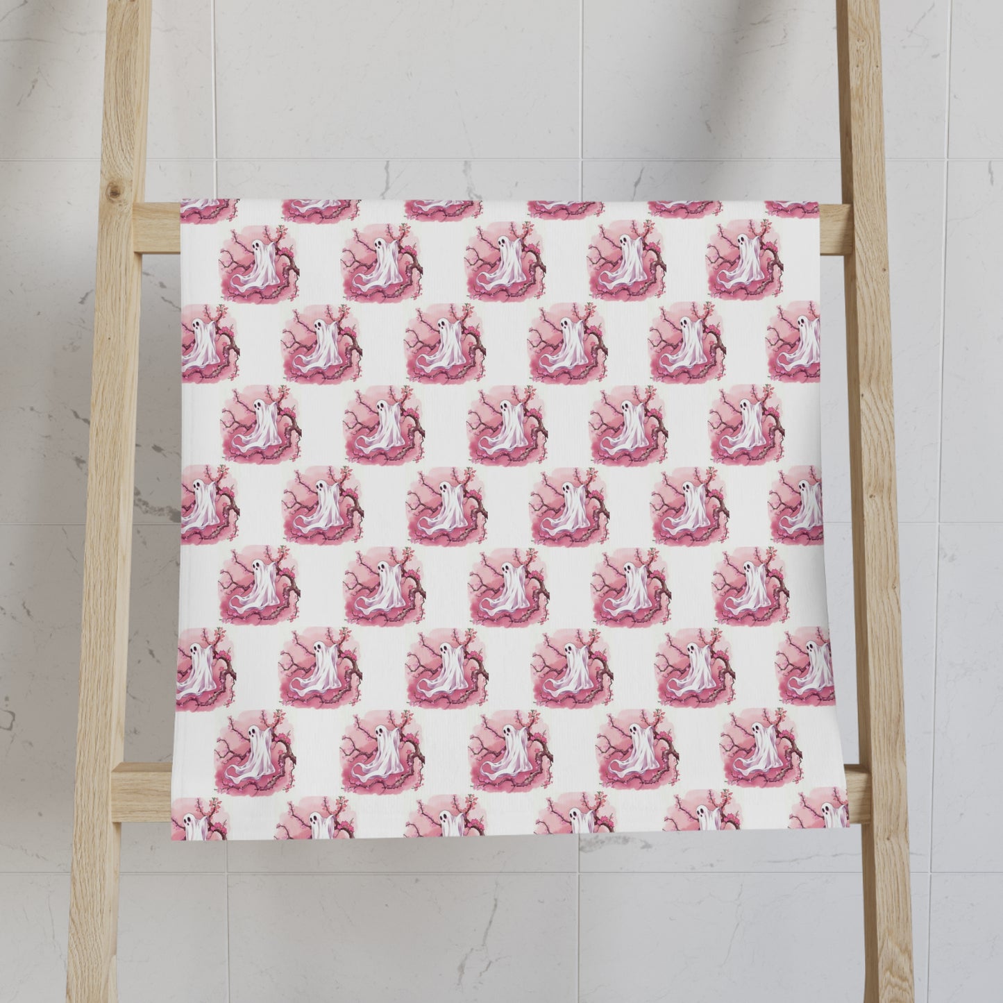 Whimsical Pink Ghost Hand Towel – Cute Bathroom Decor, Gift for Boo Lovers, Soft Cotton Towel, Kids Room Accessory, Home Spa Treat