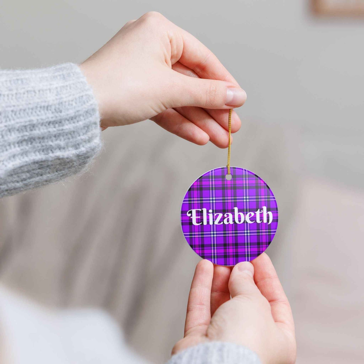 Personalized Ceramic Ornament, Custom Name Decoration, Holiday Gift, Home Decor, Plaid Ornament, Christmas Tree Decoration