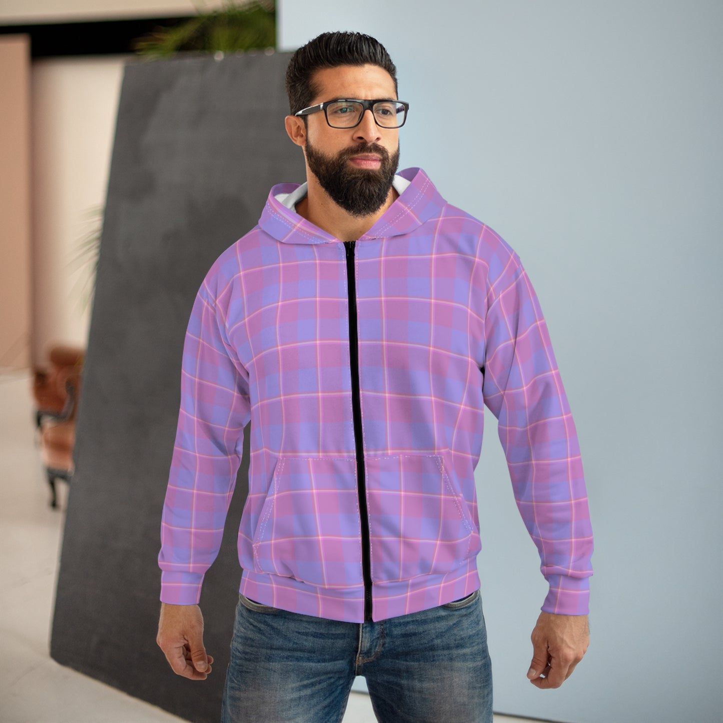 Pastel Plaid Unisex Zip Hoodie, Cozy Layering Piece, Casual Wear, Trendy Spring Apparel, Comfortable Style, Gift for Her/Him - Celtic Scents