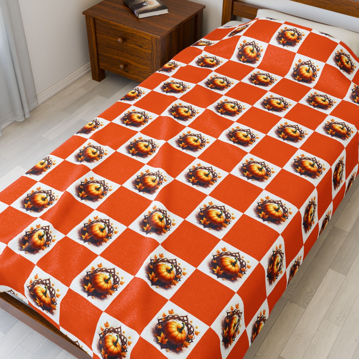 Vibrant Pumpkin Checkered Pattern Velveteen Plush Blanket, Cozy Home Decor, Gift for Her, Nursery Throw, Autumn Style - Celtic Scents