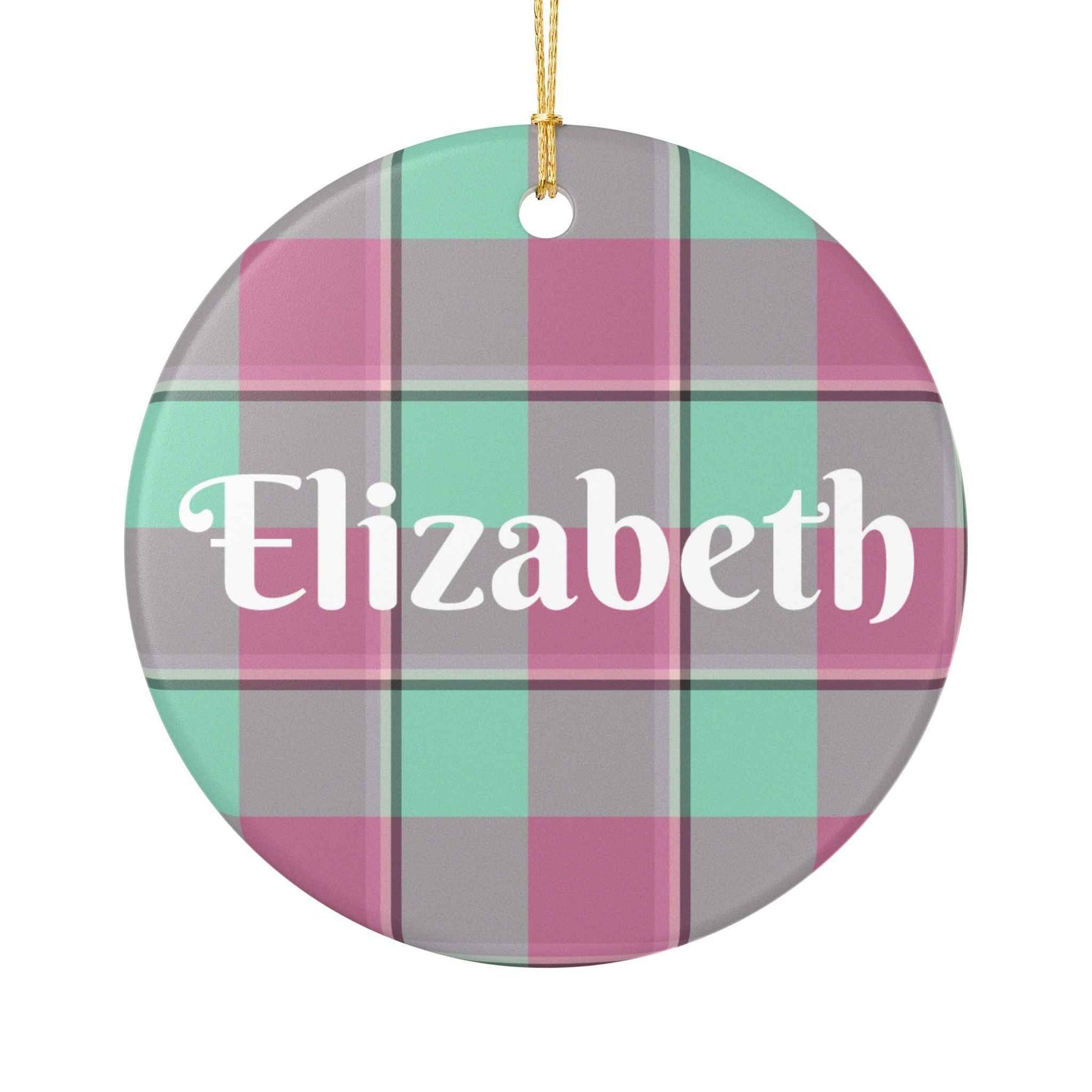 Personalized Ceramic Ornament, Custom Name Decoration, Holiday Gift, Home Decor, Plaid Design, Festive Keepsake