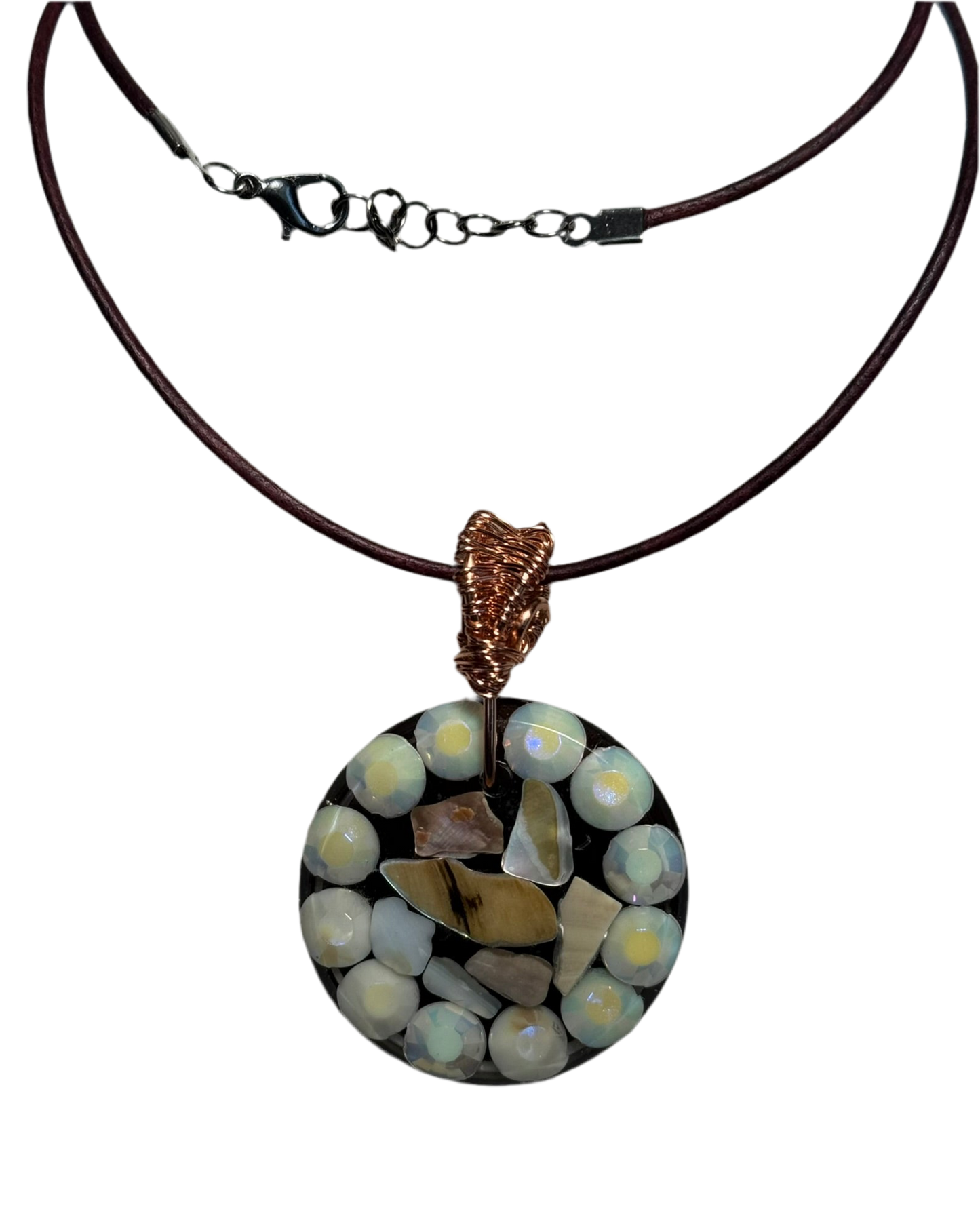 Brown with Broken Seashell Resin Pendant with Wire Wrapped Bail on Leather Cord