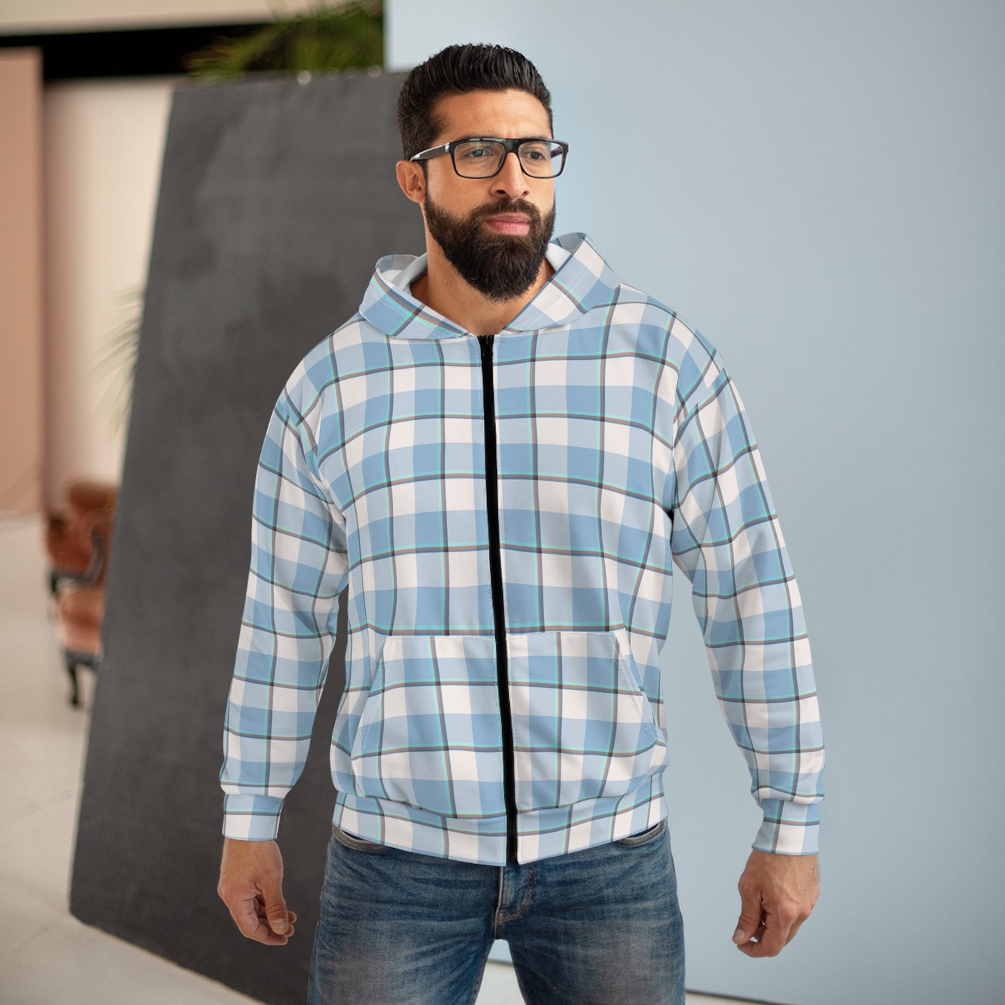 Blue Checkered Unisex Zip Hoodie, Cozy Streetwear for All, Stylish Workout Hoodie, Ideal Gift for Birthdays, Casual Outfits - Celtic Scents