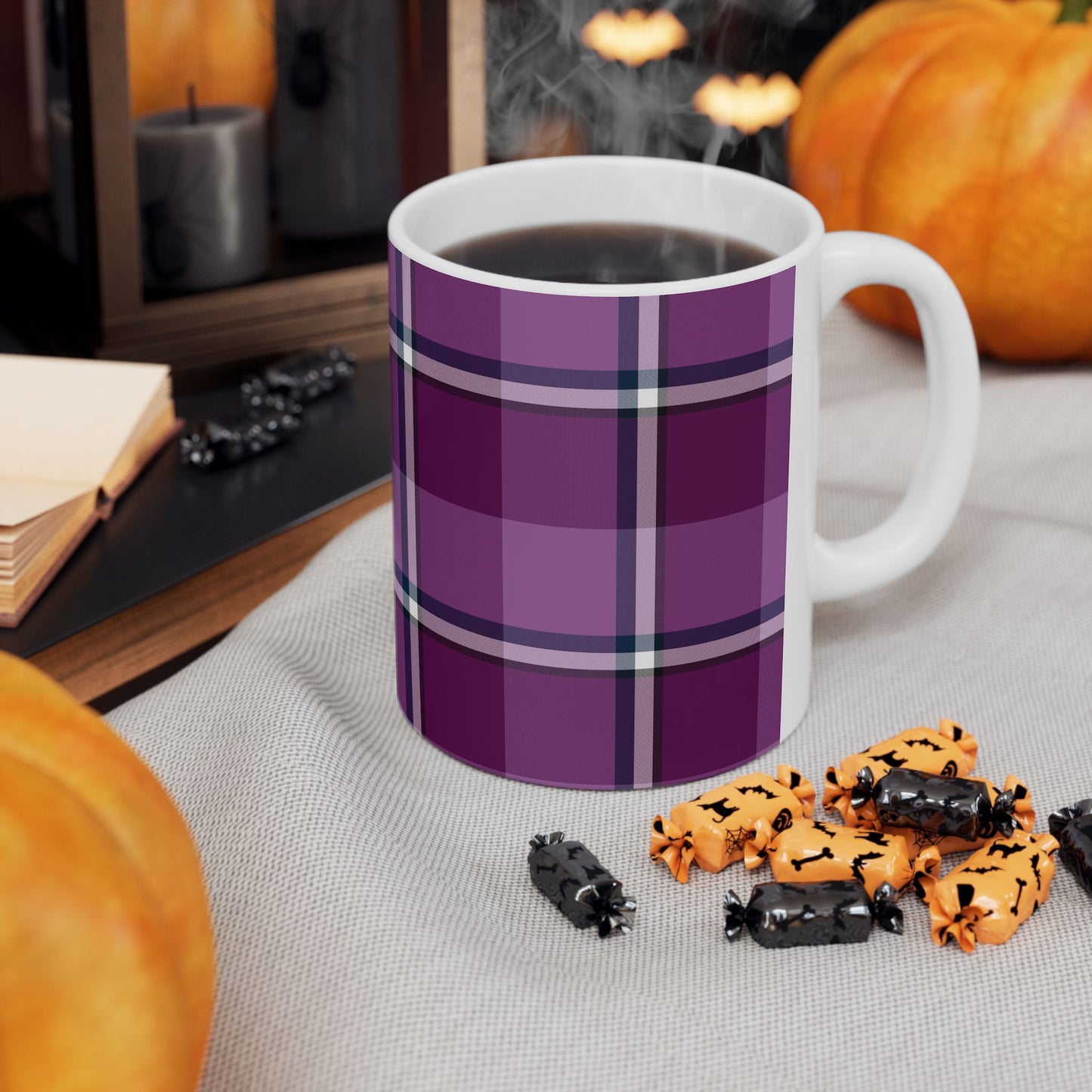 Cozy Plum Plaid Ceramic Mug - Perfect for Home, Gift for Coffee Lovers, Seasonal Decor, Tea Drinkers, Cozy Evenings - Celtic Scents