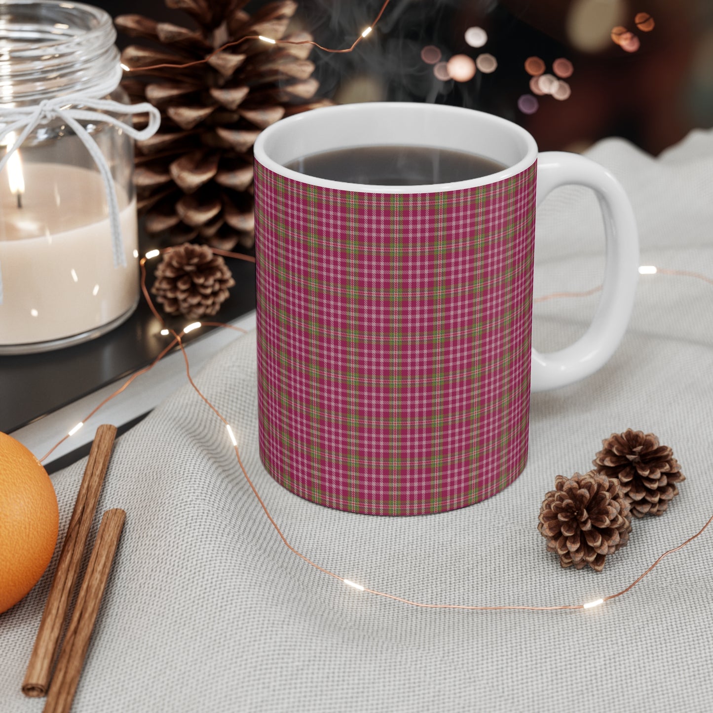 Cozy Pink Plaid Mug | 11oz Coffee Cup | Perfect for Autumn, Home Decor, Gift for Friends and Family, Warm Beverage Enjoyment - Celtic Scents