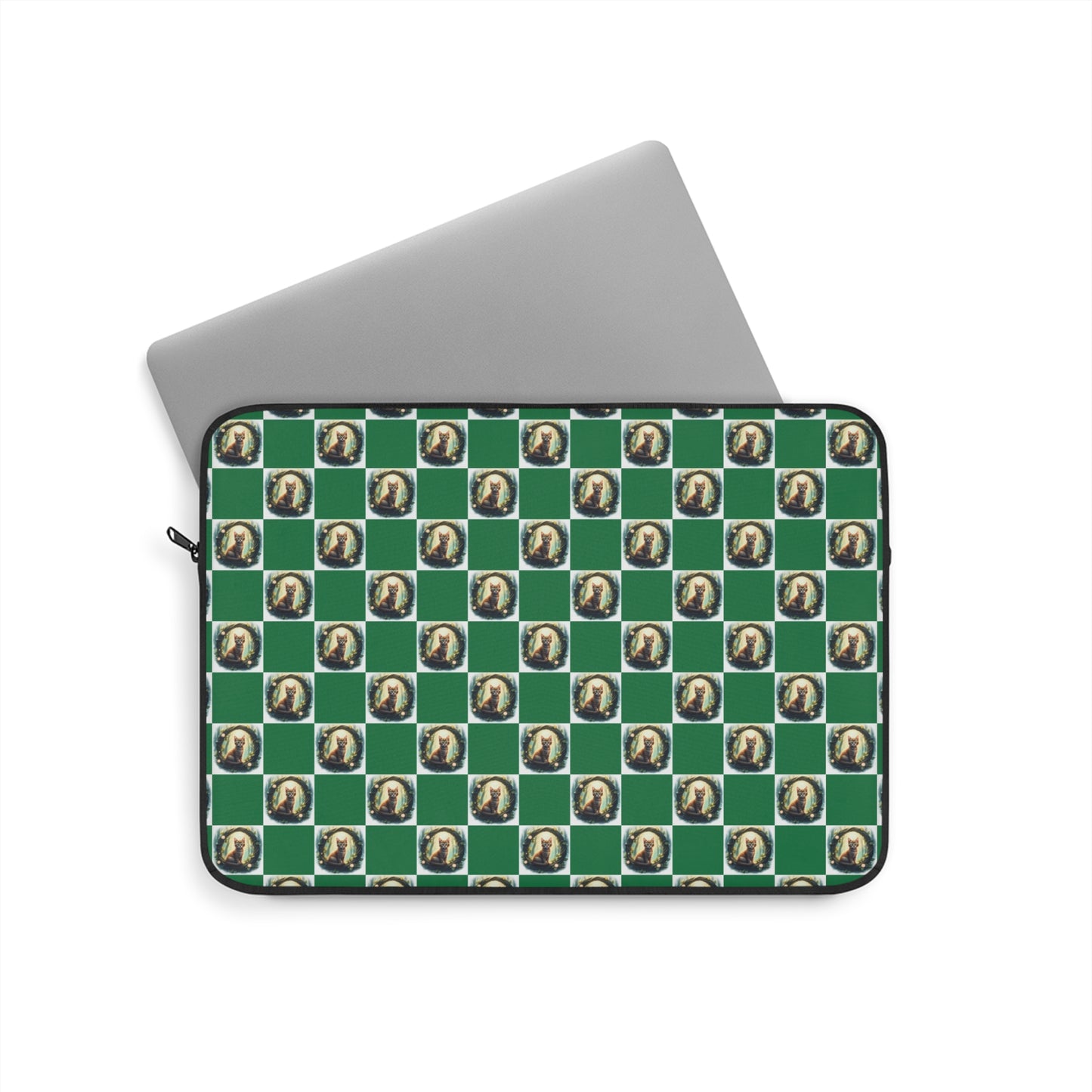 Chic Vintage Cat Laptop Sleeve, Green Checkered Tech Case, Stylish Computer Bag, Unique Gift for Students, Protect your Laptop - Celtic Scents