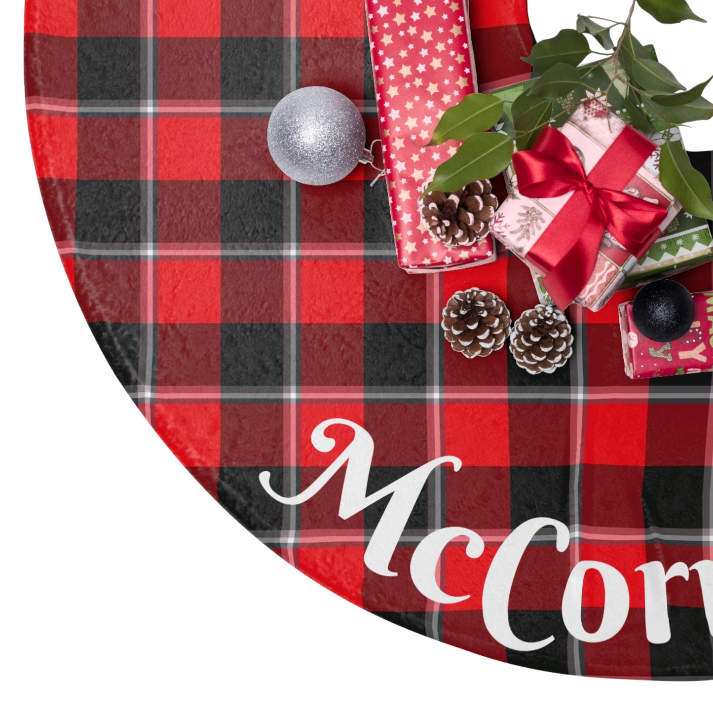 Personalized Festive Plaid Christmas Tree Skirt, Holiday Decor, Red and Black Plaid Tree Skirt - Celtic Scents