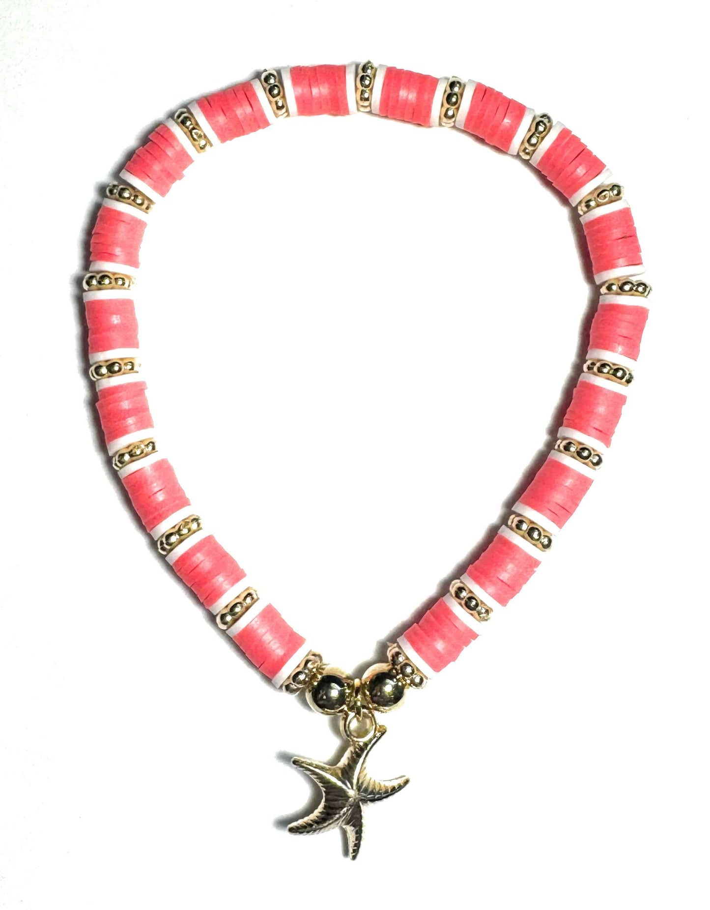 Heishi Beaded Stretch Anklet with Starfish Charm, Fluorescent Pink and Gold Metallic