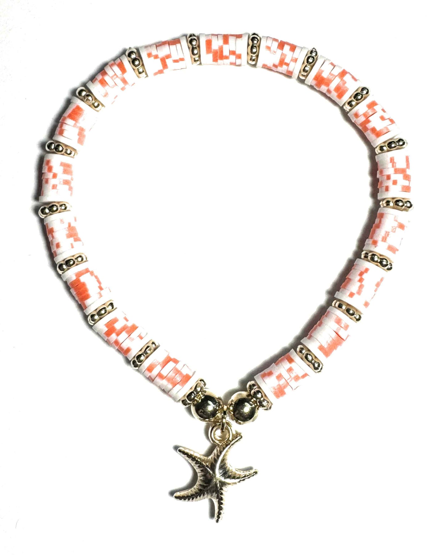 Heishi Beaded Stretch Anklet with Starfish Charm, Orange and Gold, Beach Style Jewelry