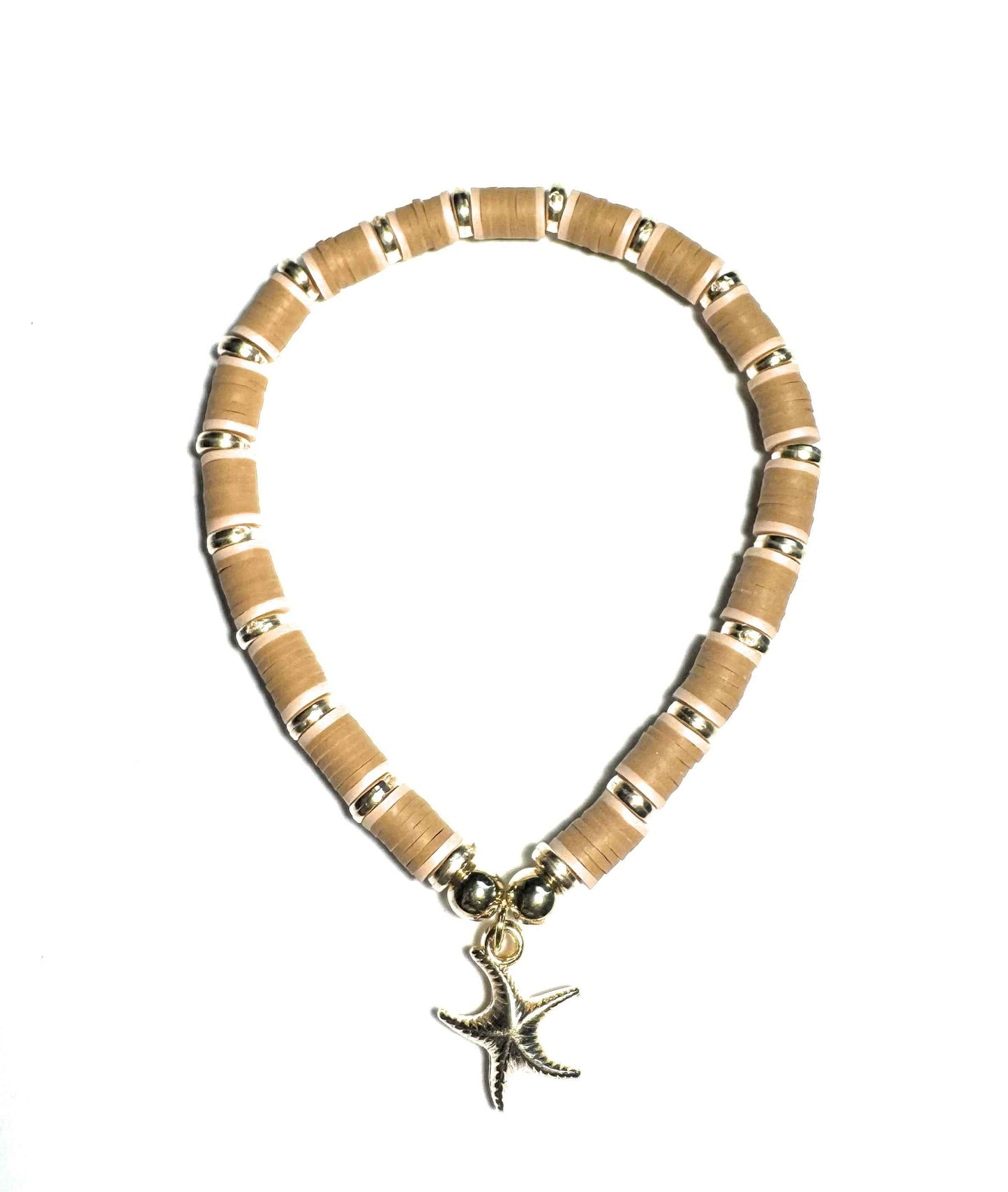 Heishi Beaded Stretch Anklet with Starfish Charm, Tan and Gold, Beach Style
