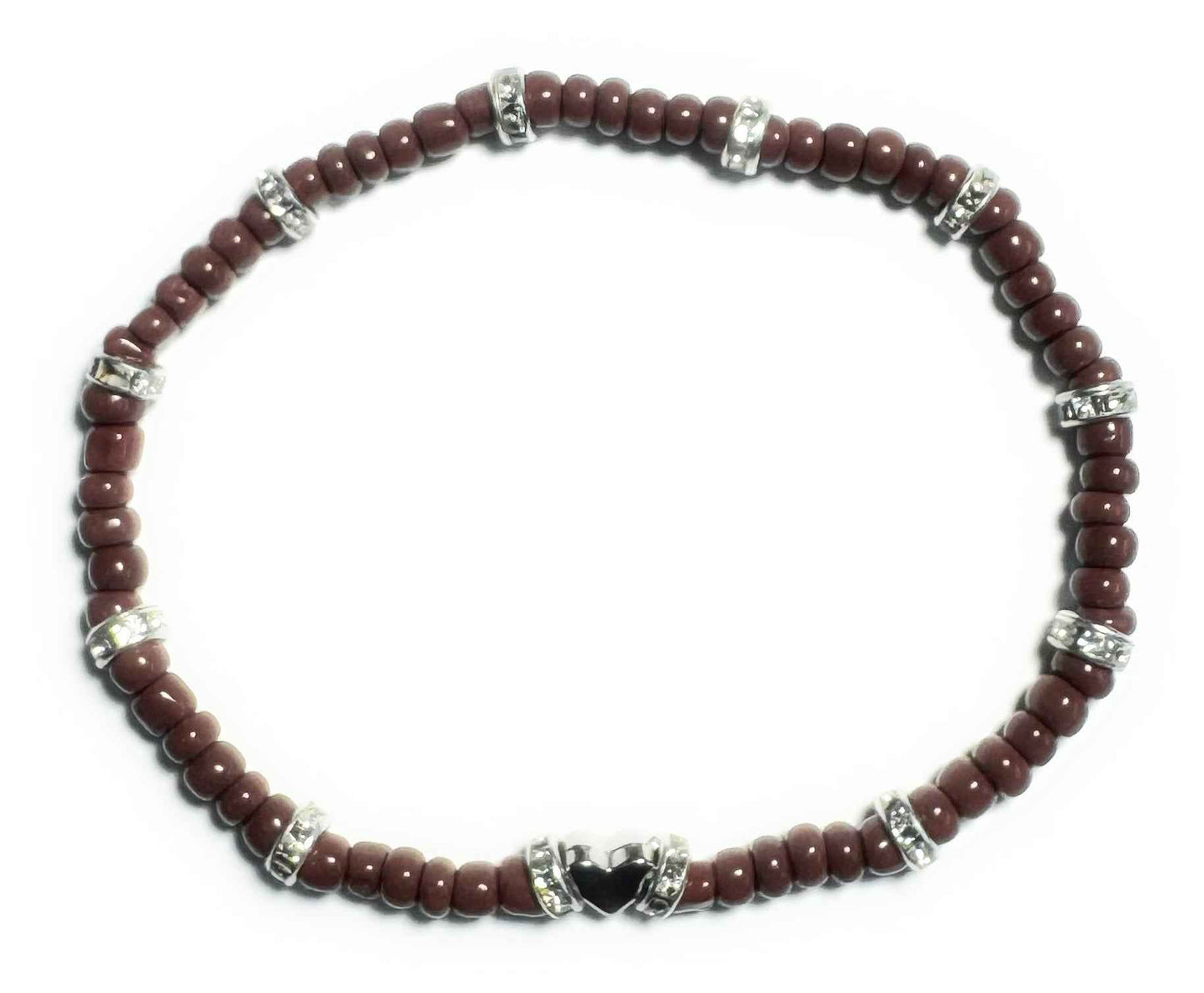 Brown Glass Seed Bead Stretchy Anklet with Silver Alloy Gem and Heart Spacer