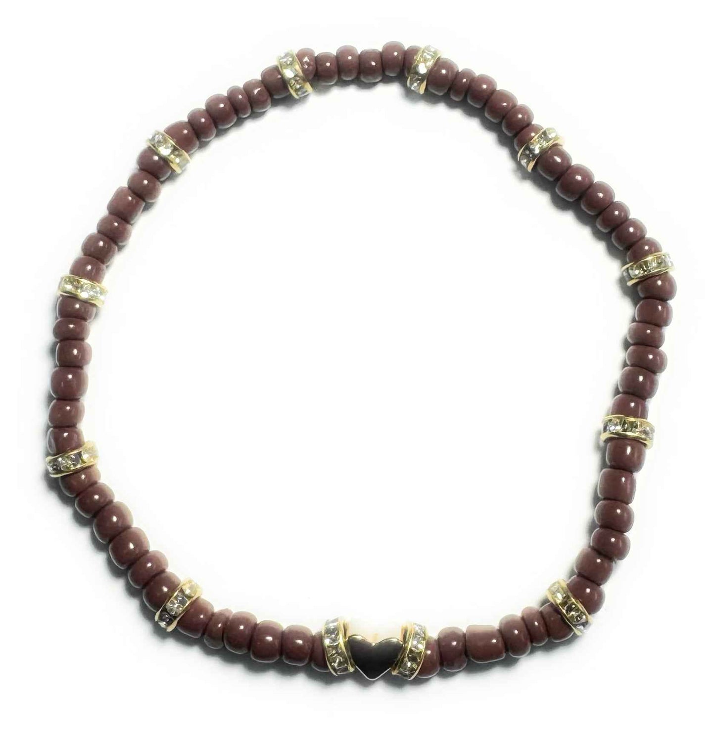 Brown Beaded Stretchy Anklet with Gold Plated Spacers and Heart