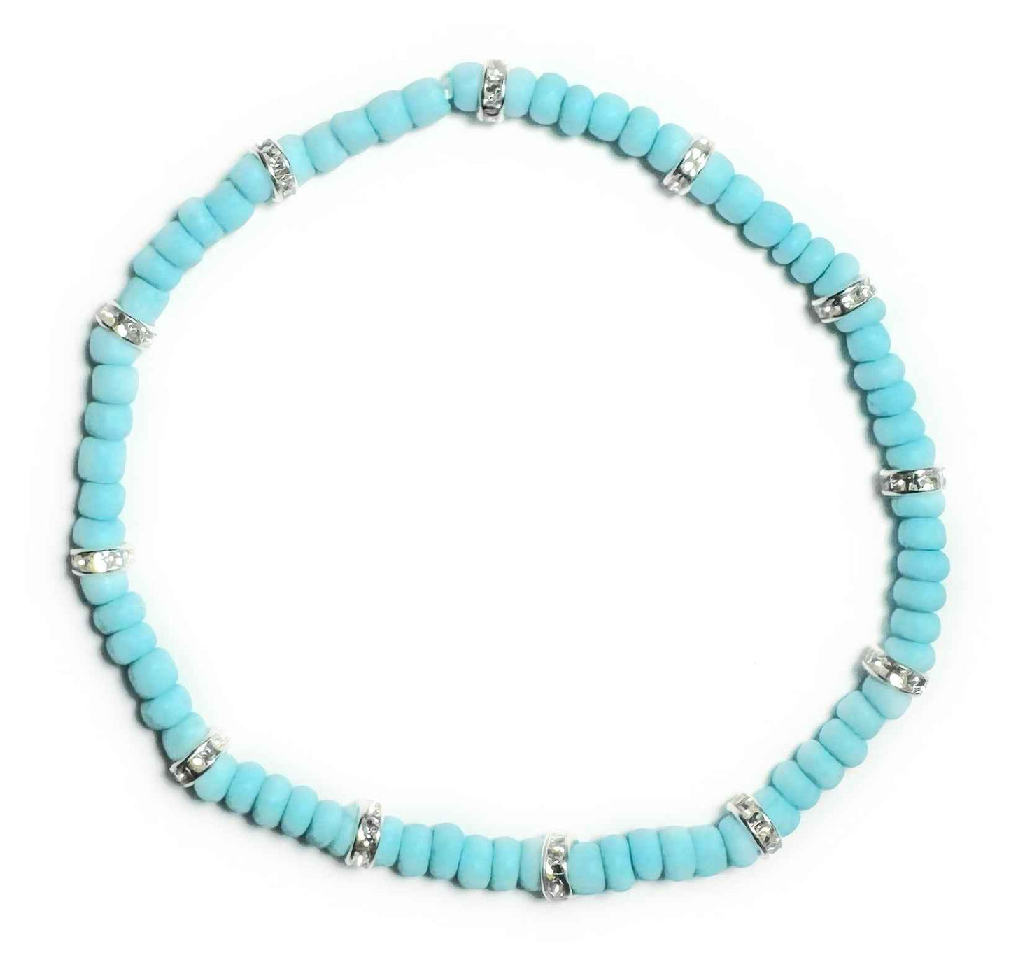 Light Blue Glass Beaded Stretchy Anklet with Silver Alloy Gem Spacers