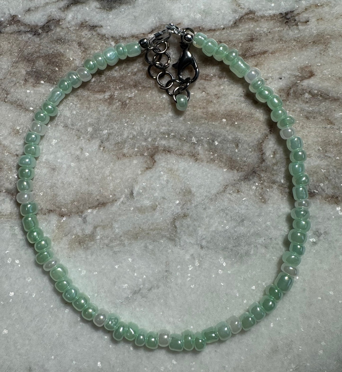 Lime Green and White Beaded Anklet with Lobster Clasp - Celtic Scents