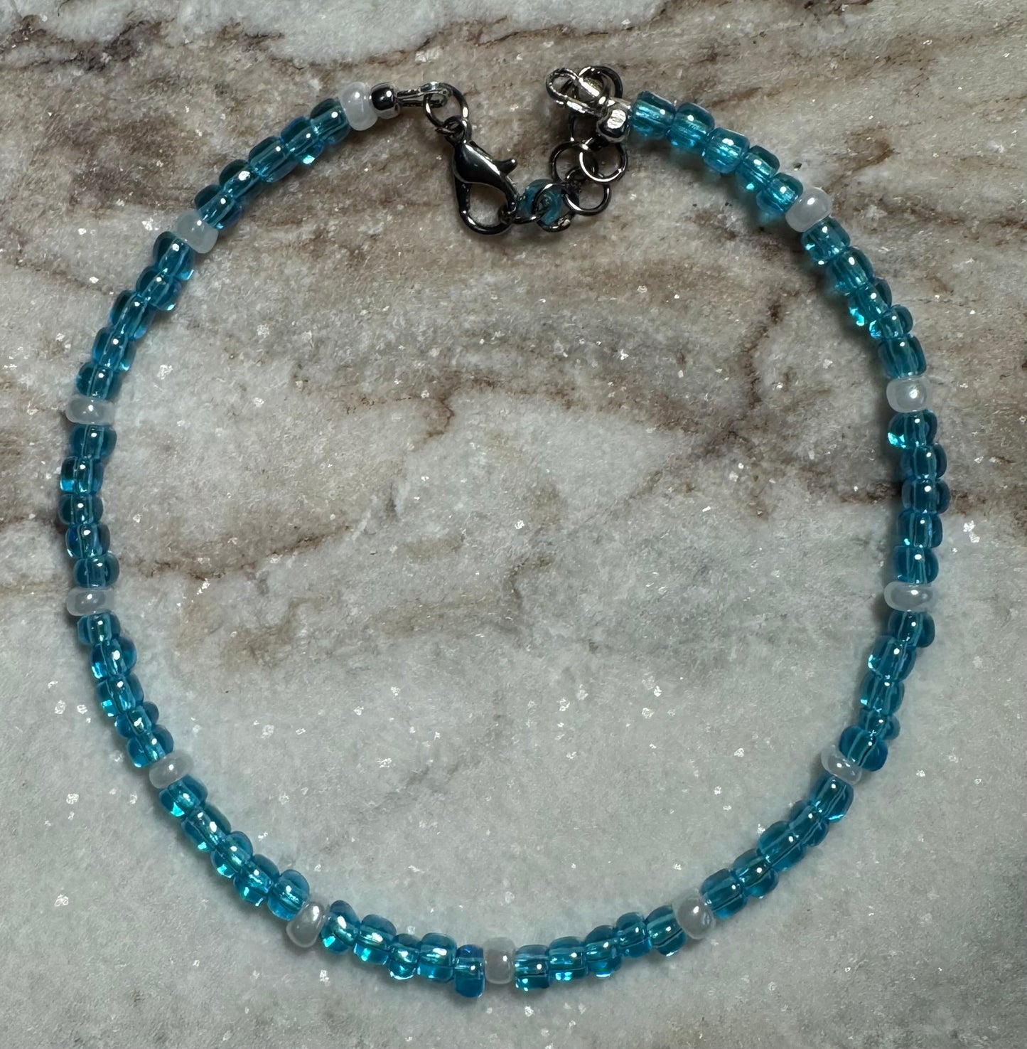 Blue and White Seed Bead Anklet with Lobster Clasp - Celtic Scents