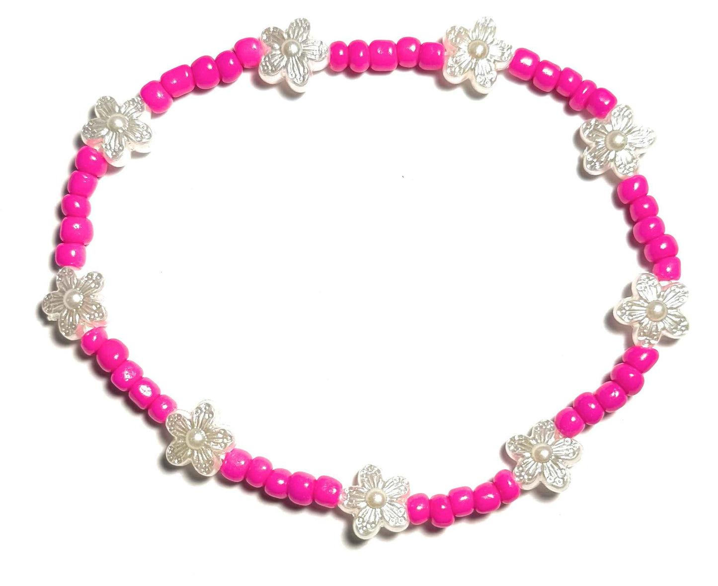 Neon Pink Beaded Anklet with Silver Pearl Flower Accents, Stretchy Elastic Design, Beach Boho Style