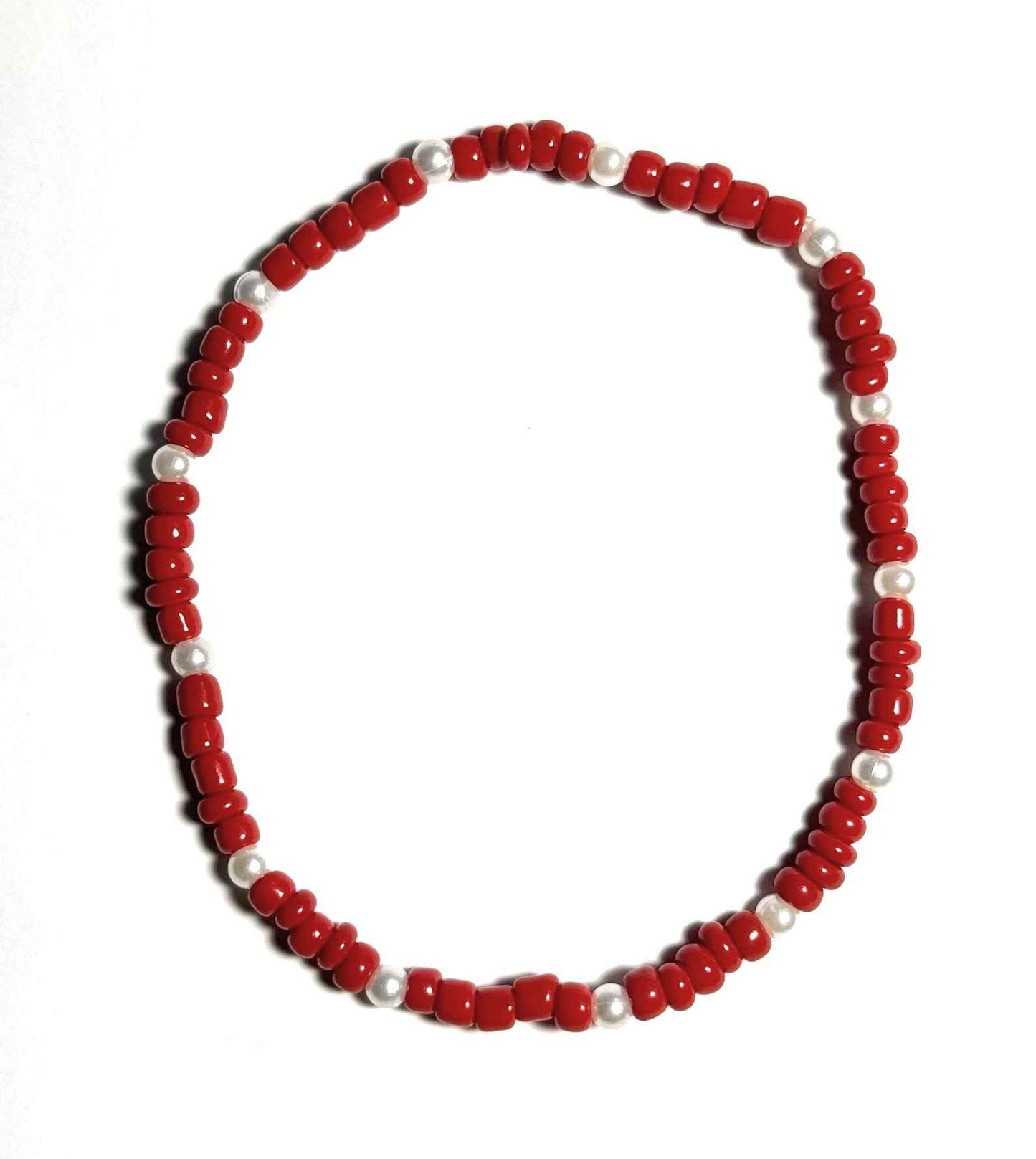 Red and Pearl Beaded Stretch Anklet, Minimalist Boho Beach Fashion