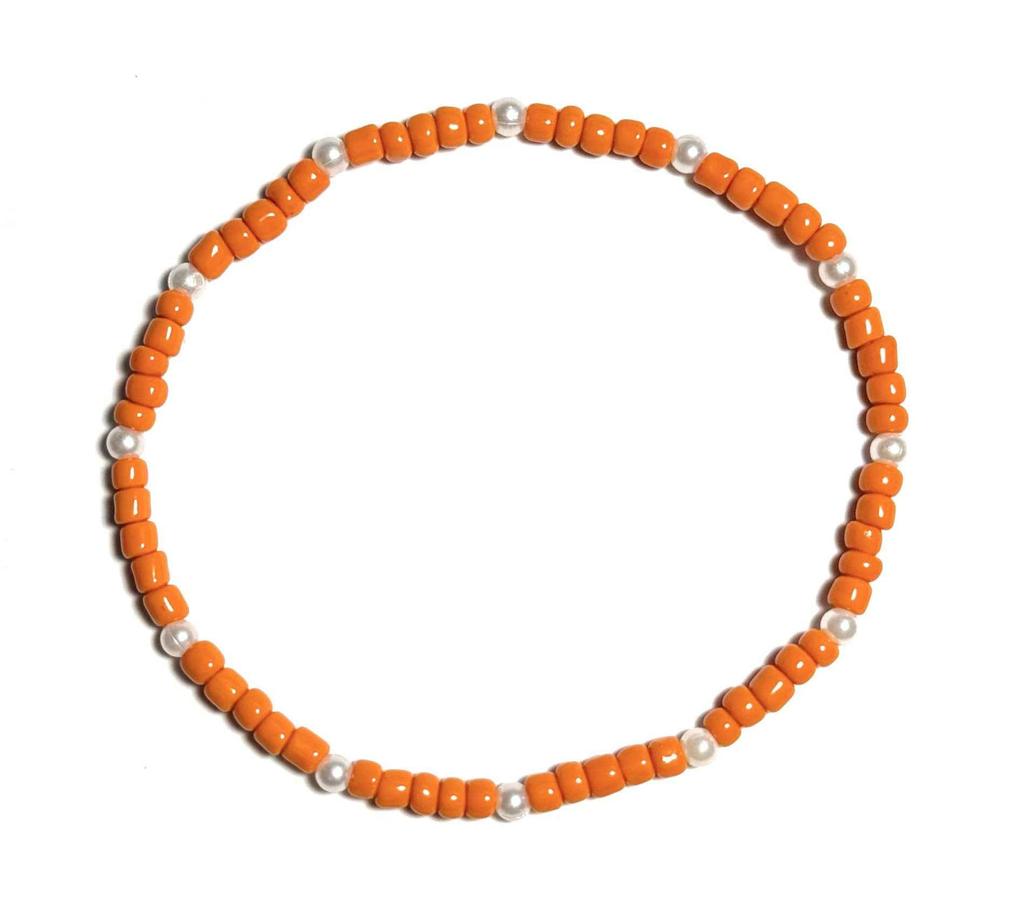 Orange and Pearl Beaded Stretchy Anklet, Minimalist Boho Beach Jewelry, Anniversary Birthday Gift