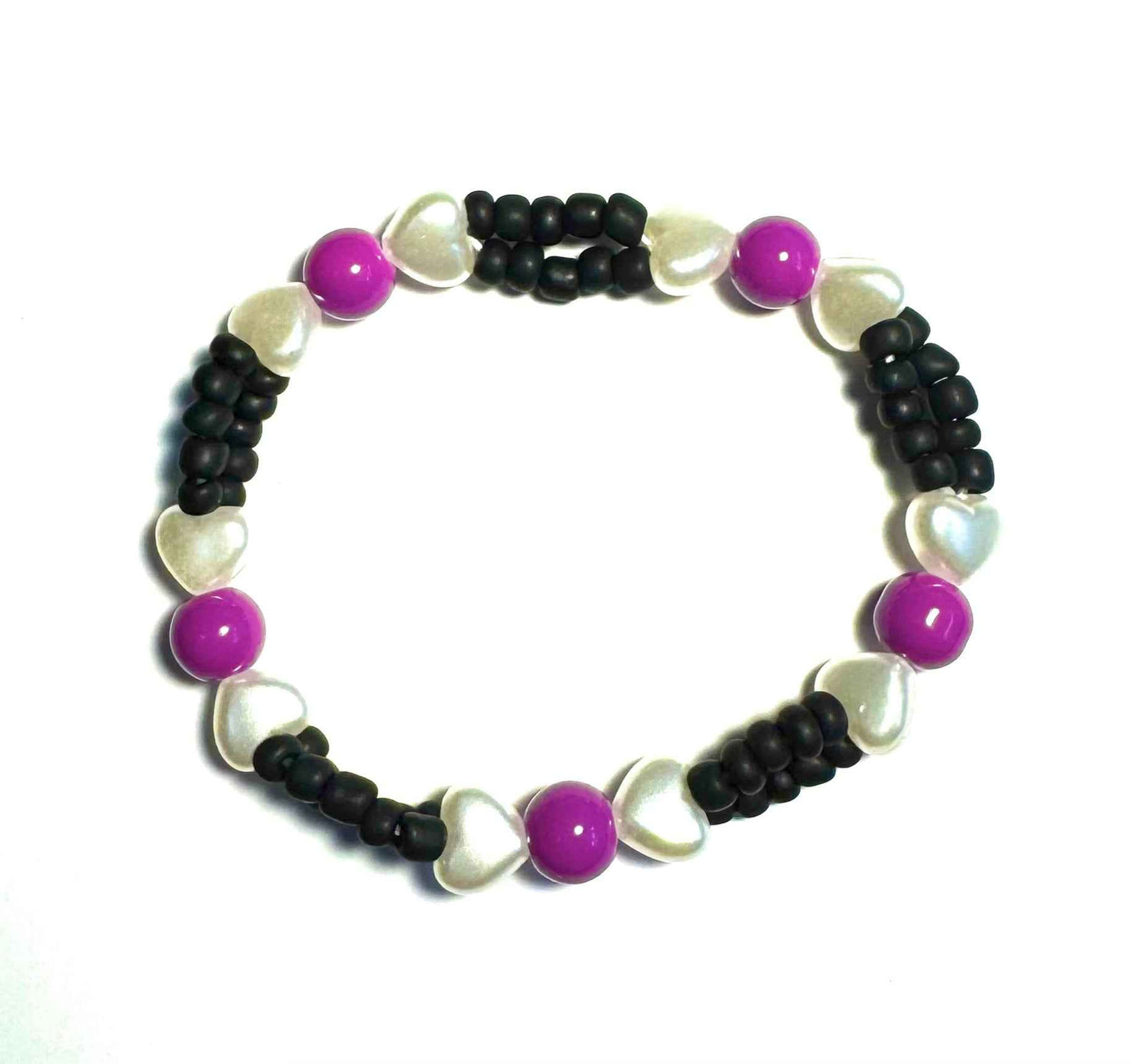 Black and Purple with Pearl Hearts Beaded Stretchy Bracelet
