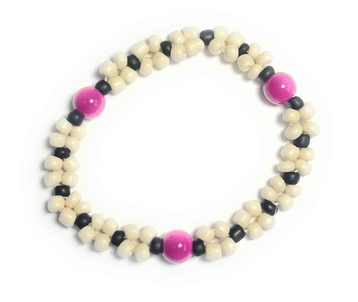 Red-Purple Cream and Black Beaded Stretchy Bracelet