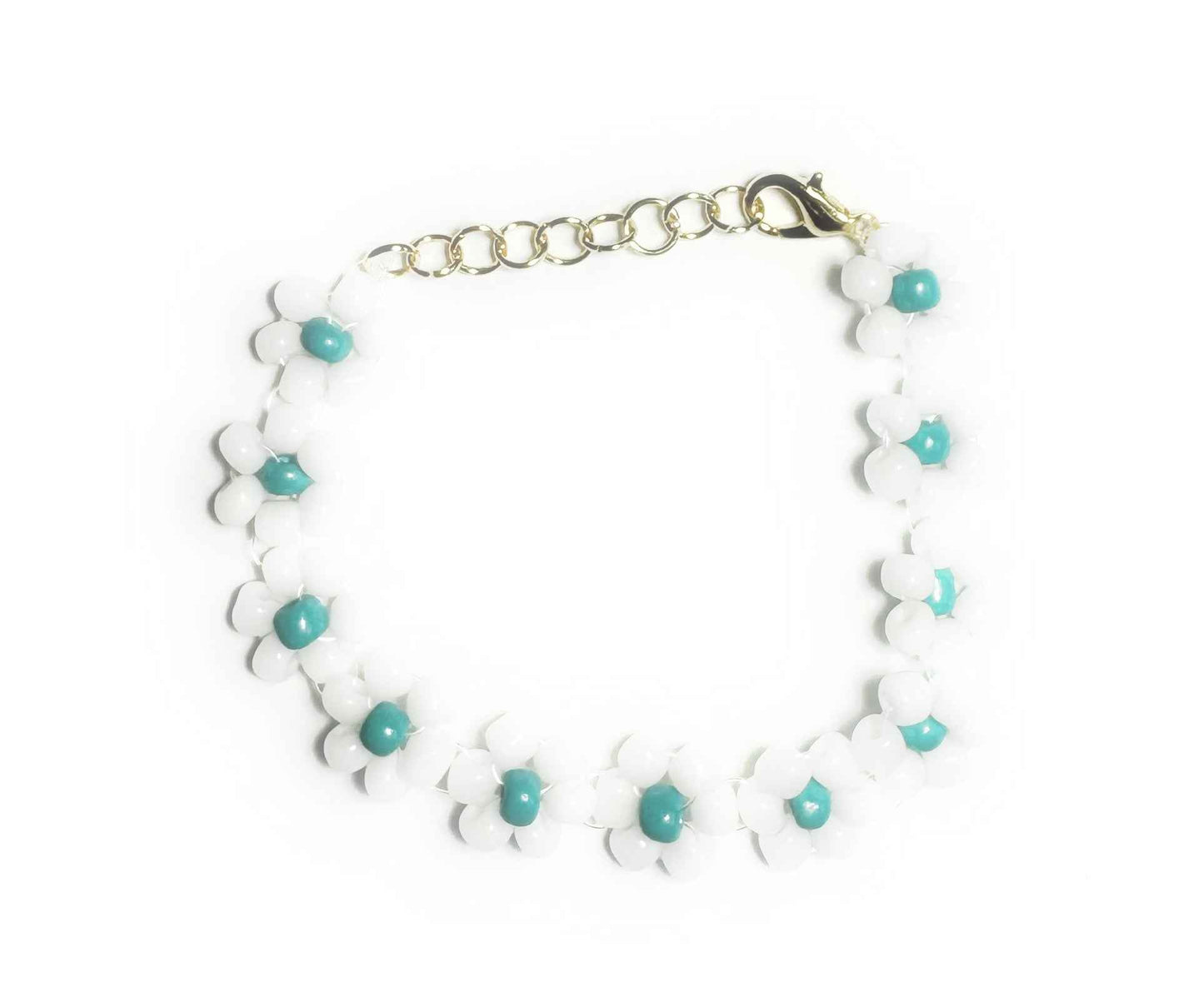 White and Blue Daisy Seed Bead Bracelet with Lobster Clasp